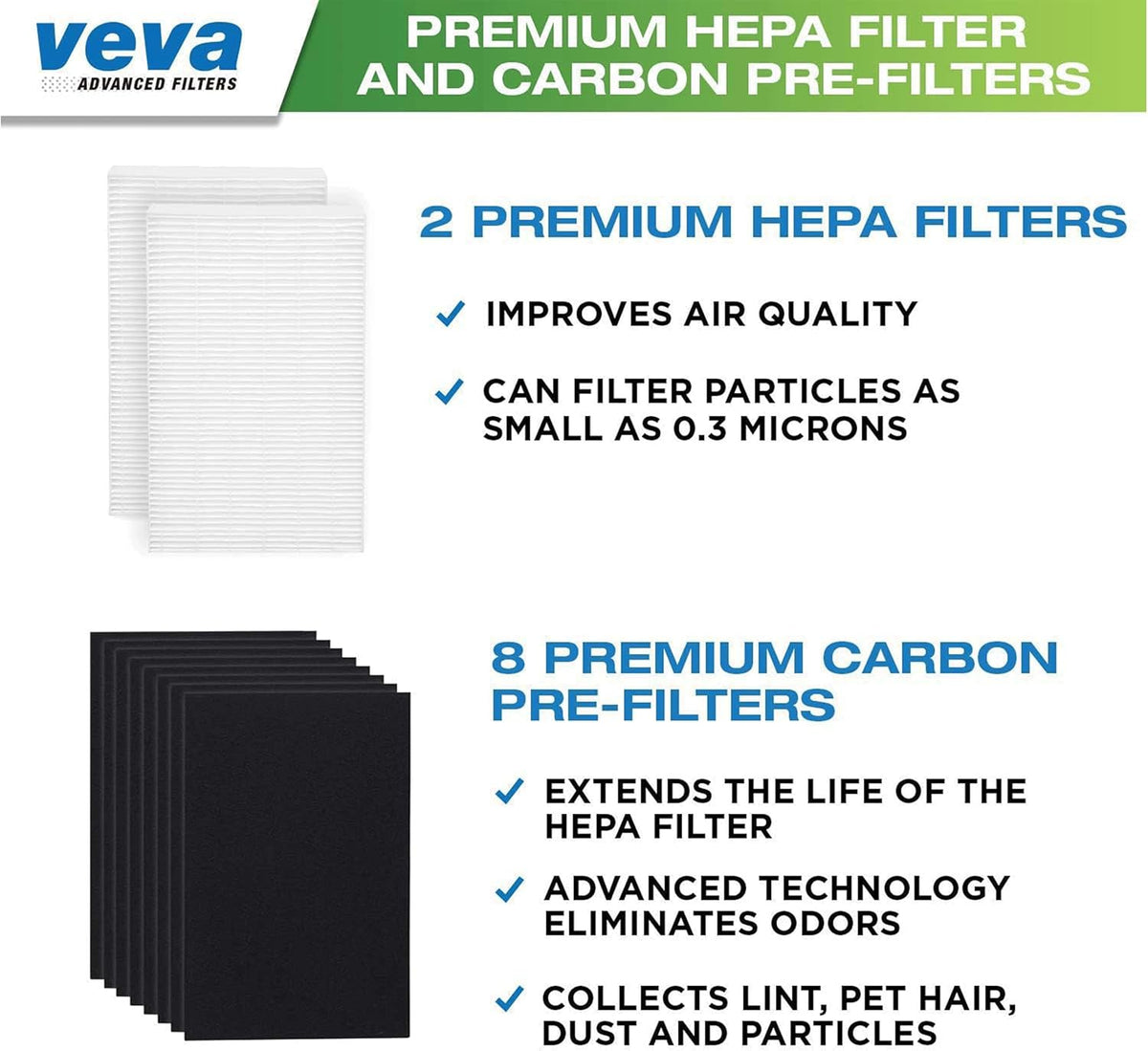 HPA100 Replacement Filters for Honeywell Air Purifier - 2 HEPA Filters w/ 8 Carbon Pre-Filters