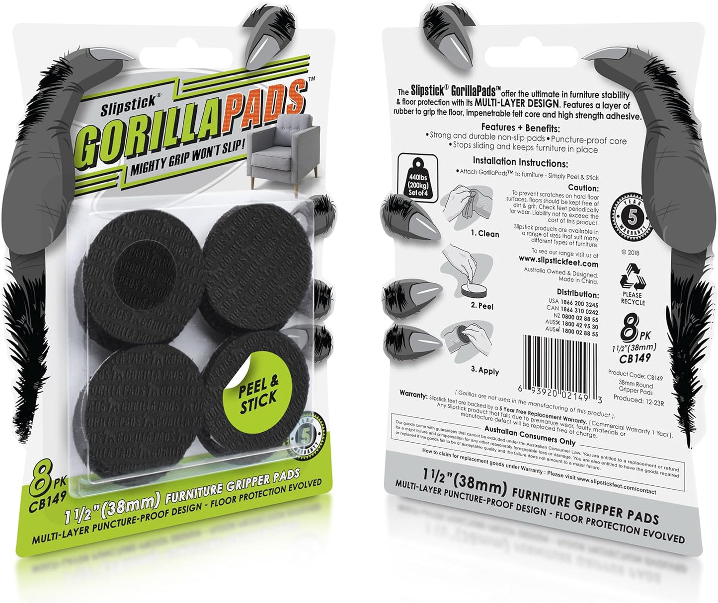 Slipstick GorillaPads CB149 Non-Slip Furniture Pads/Rubber Grippers (Set of 8) Self-Adhesive
