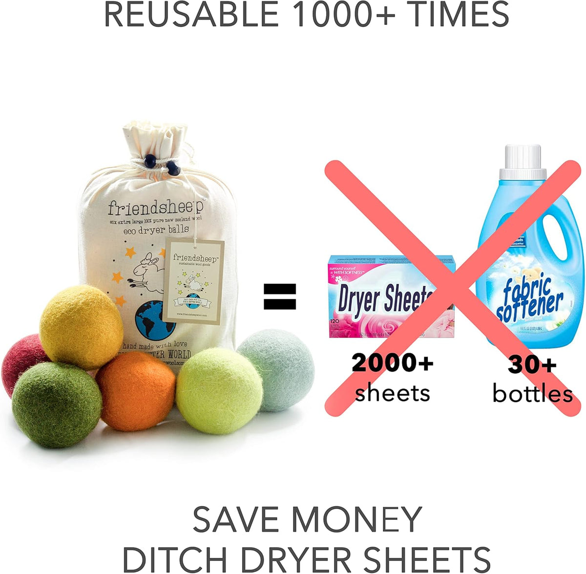 Friendsheep Wool Dryer Balls 6 Pack XL Organic Premium Reusable Cruelty Free Handmade Fair Trade No