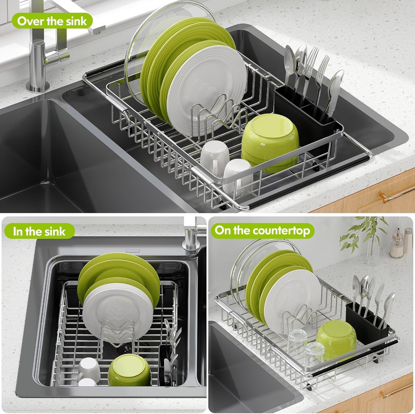 JASIWAY Dish Drying Rack in Sink, Expandable Stainless Steel Dish Drainer for Kitchen Sink, Dish