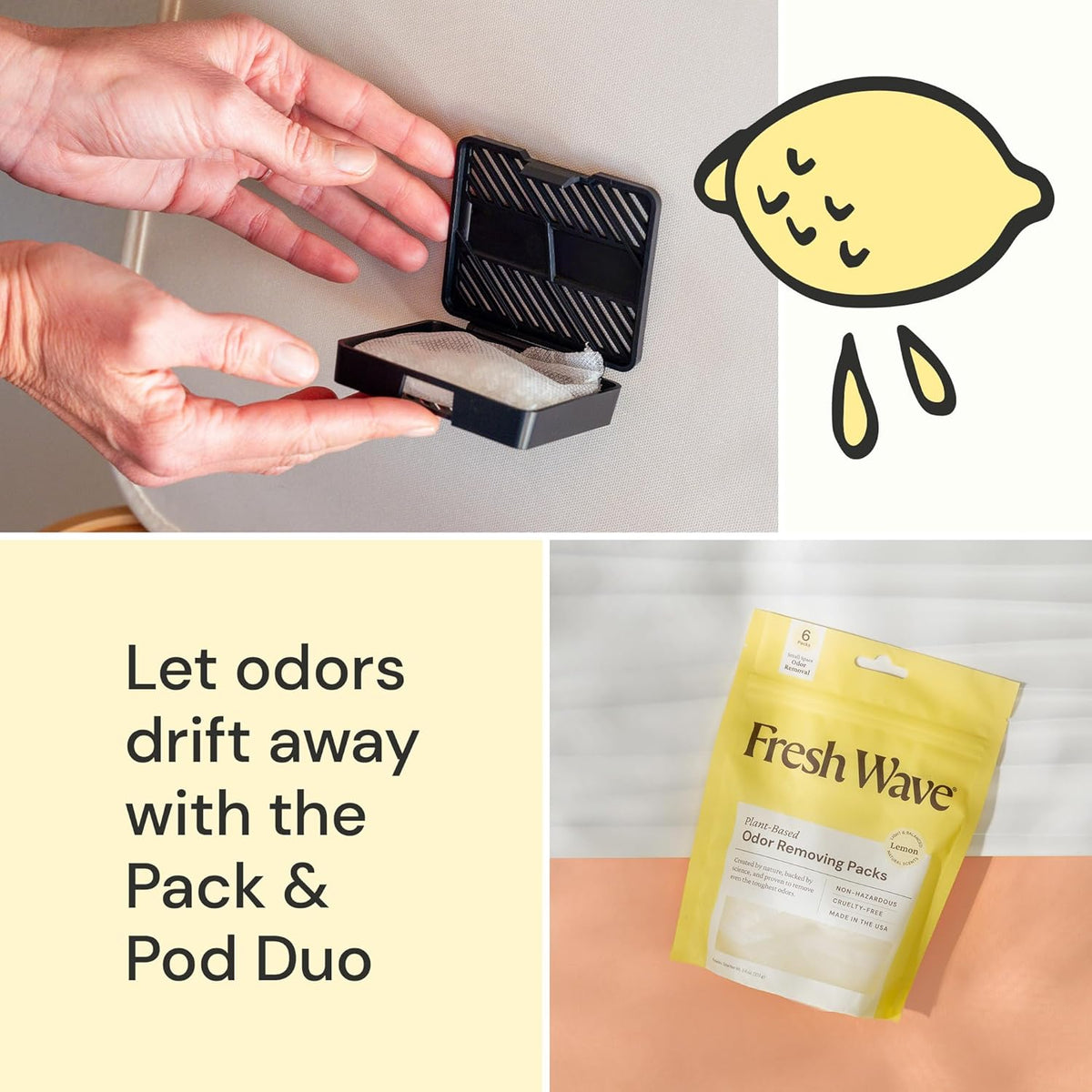 Fresh Wave Lemon Odor Eliminating & Deodorizing Packs | Bag of 6 & Fresh Pod Case | Safer Odor