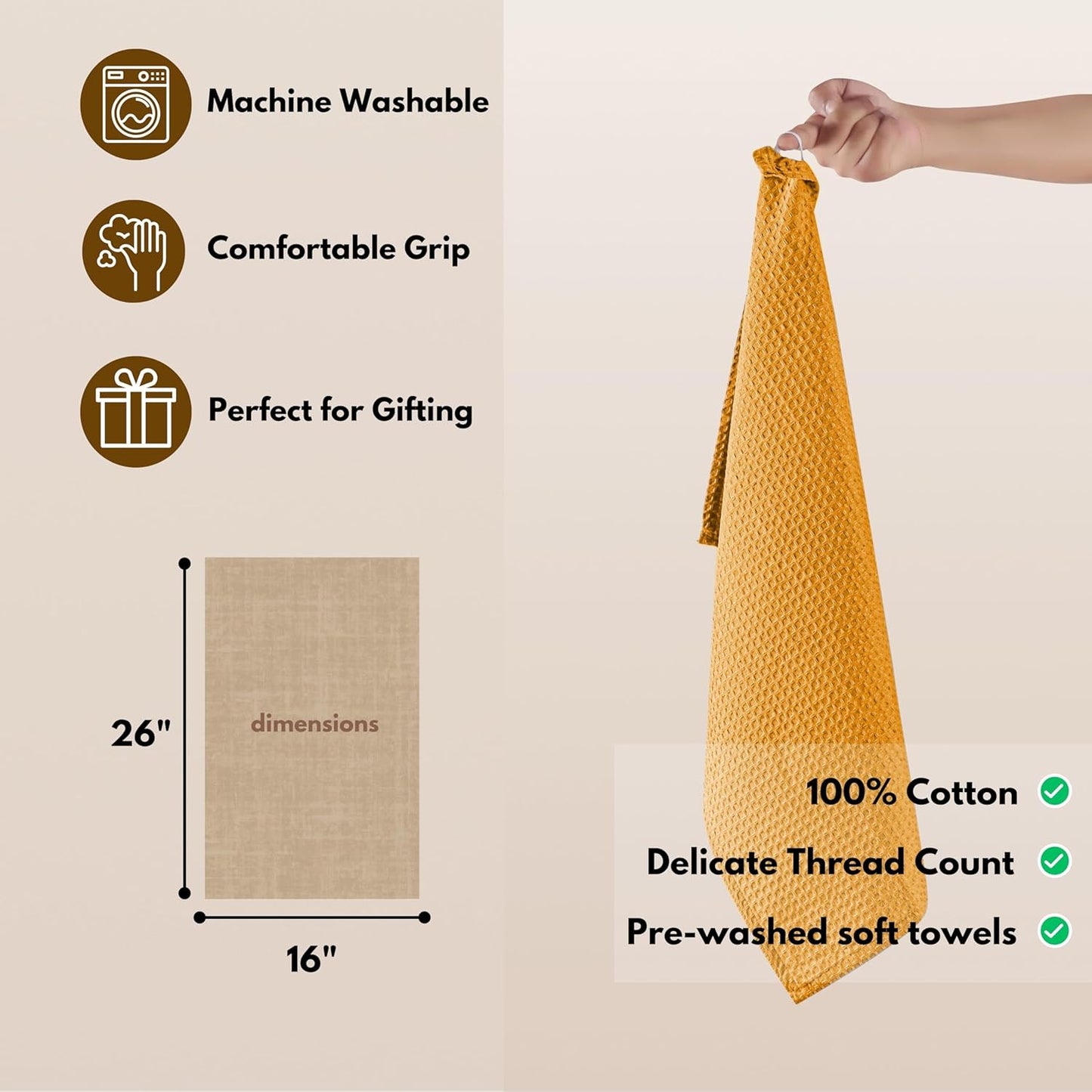 Native Fab Cotton Kitchen Towel with Hanging Loop 16x26 inches, 4-Pack, Waffle Weave Kitchen Towels