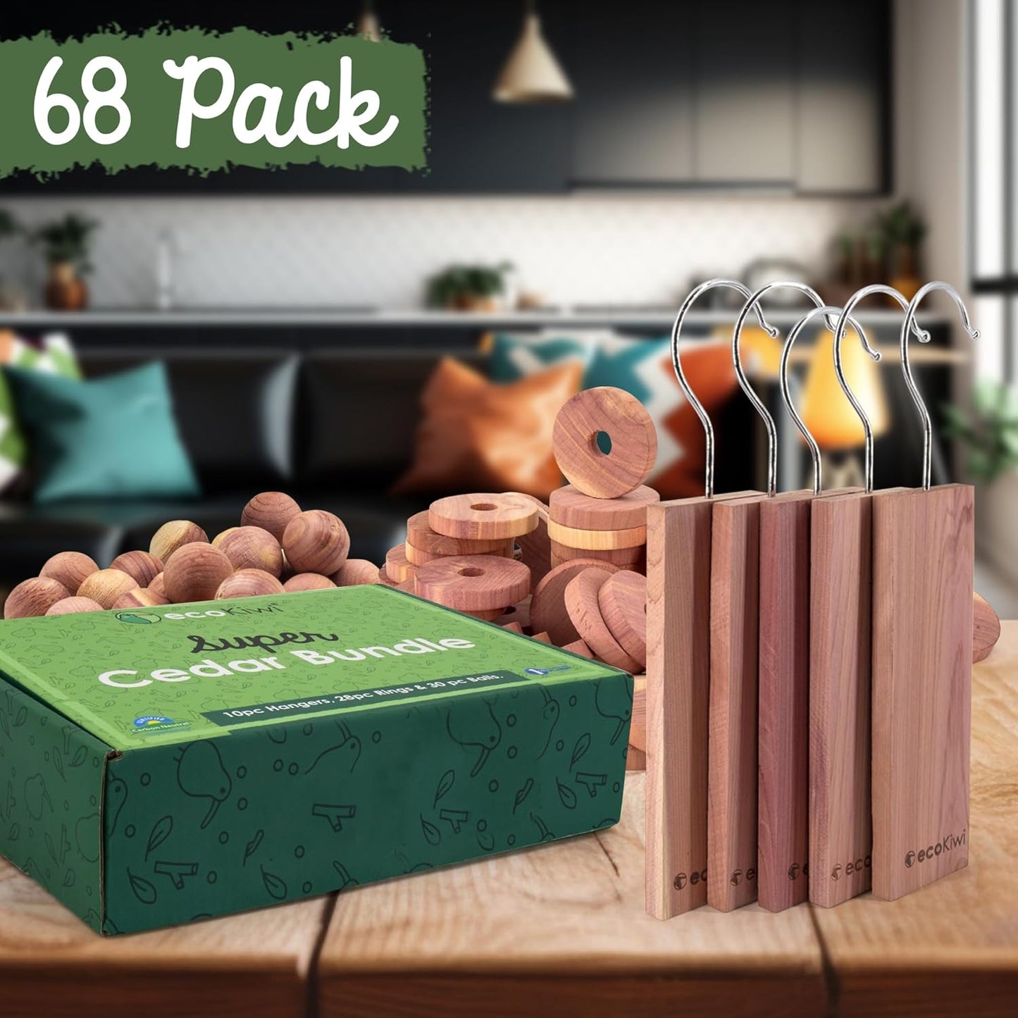 ecoKiwi Cedar Blocks for Clothes Storage Super Bundle Box - Cedar Hangers x10, Balls x30 & Rings