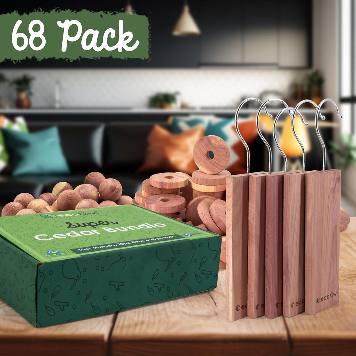 ecoKiwi Cedar Blocks for Clothes Storage Super Bundle Box - Cedar Hangers x10, Balls x30 & Rings