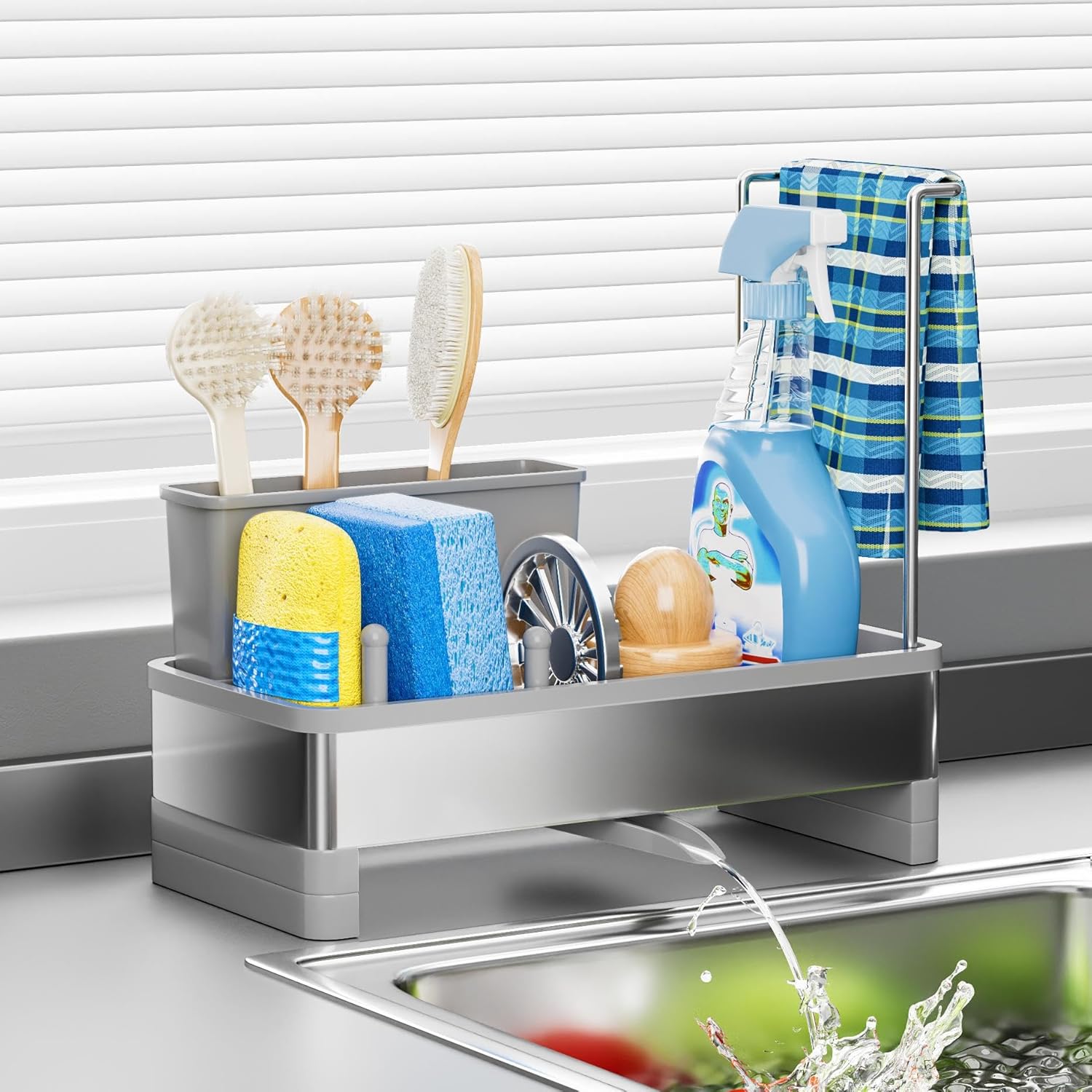 Stainless Steel Sink Caddy, Sponge Holder for Kitchen Sink with Brush Holder & Dishcloth Rack