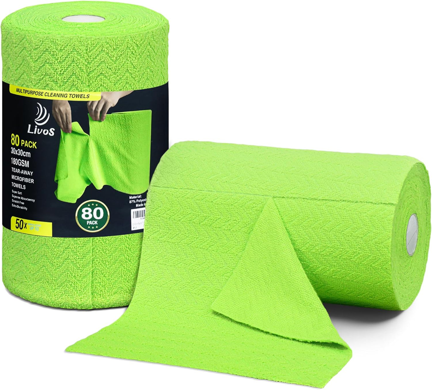 LIVOS Microfiber Cleaning Cloth Roll - 80 Pack, Reusable Paper Towels, Microfiber Towels for Cars