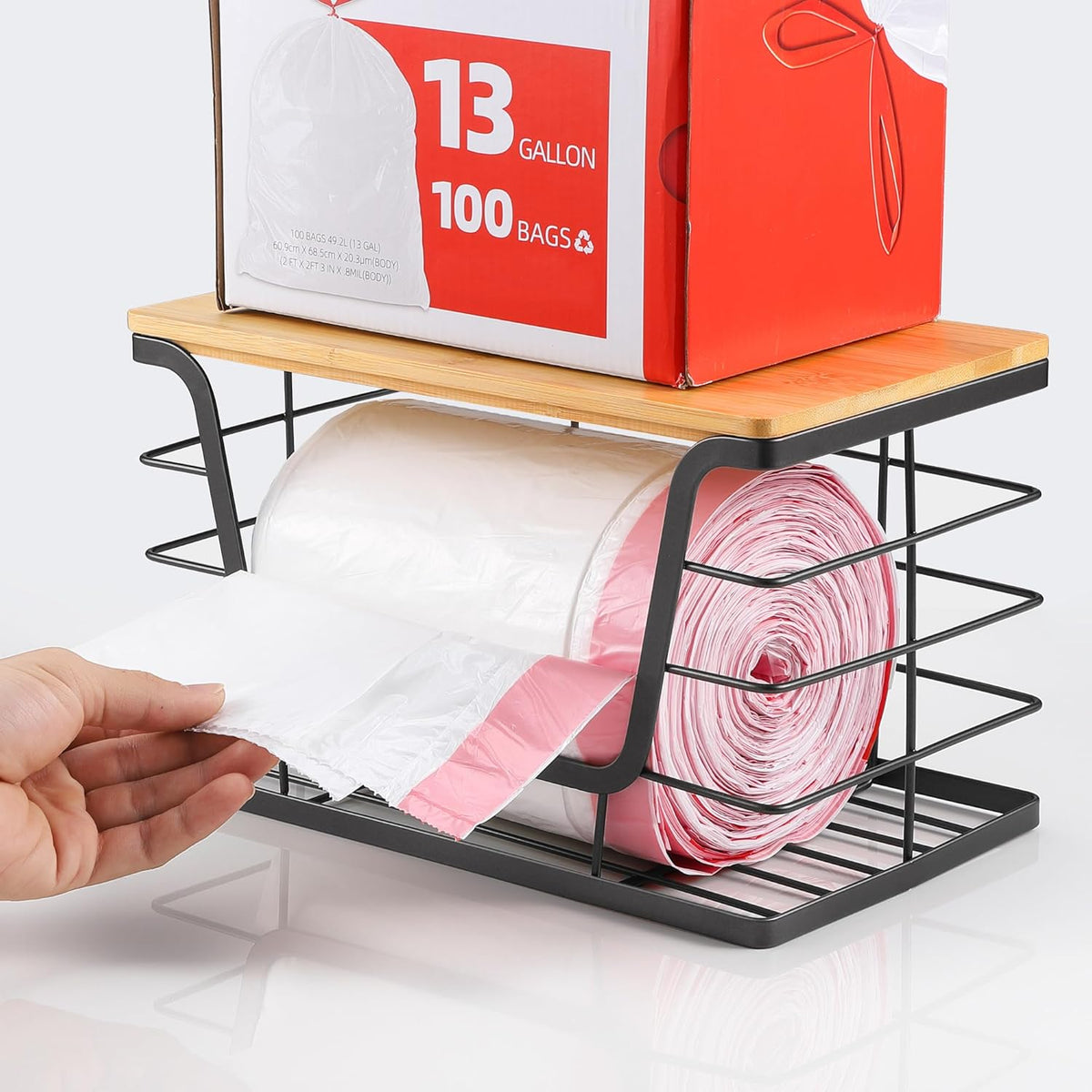 ALOCEO Extra Large Trash Bag Holder Dispenser With Bamboo Top, Wall Mounted Garbage Bag Dispenser