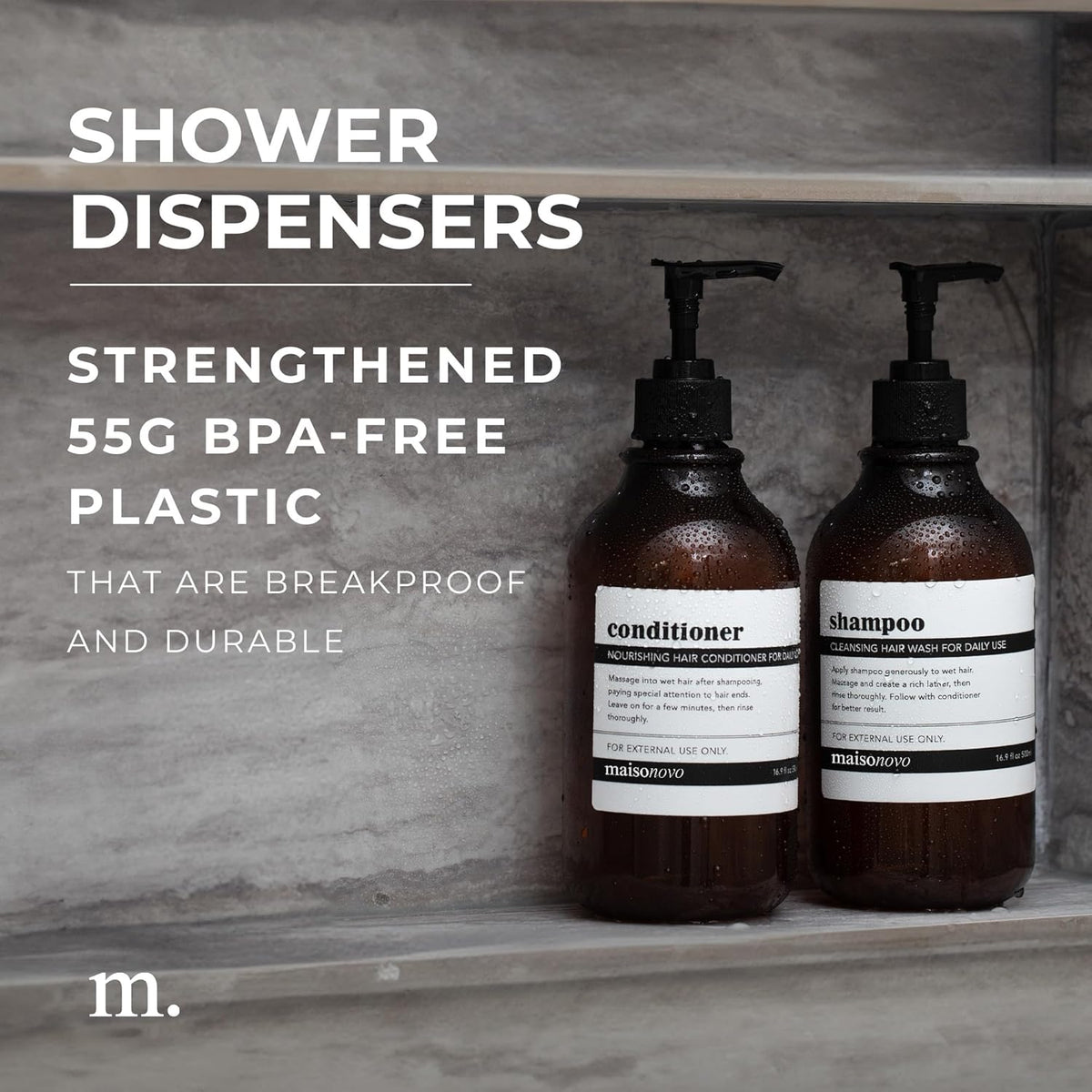 MaisoNovo Refillable Shampoo and Conditioner Bottles | 16.9 fl oz Set of 3 Amber Plastic Bottles