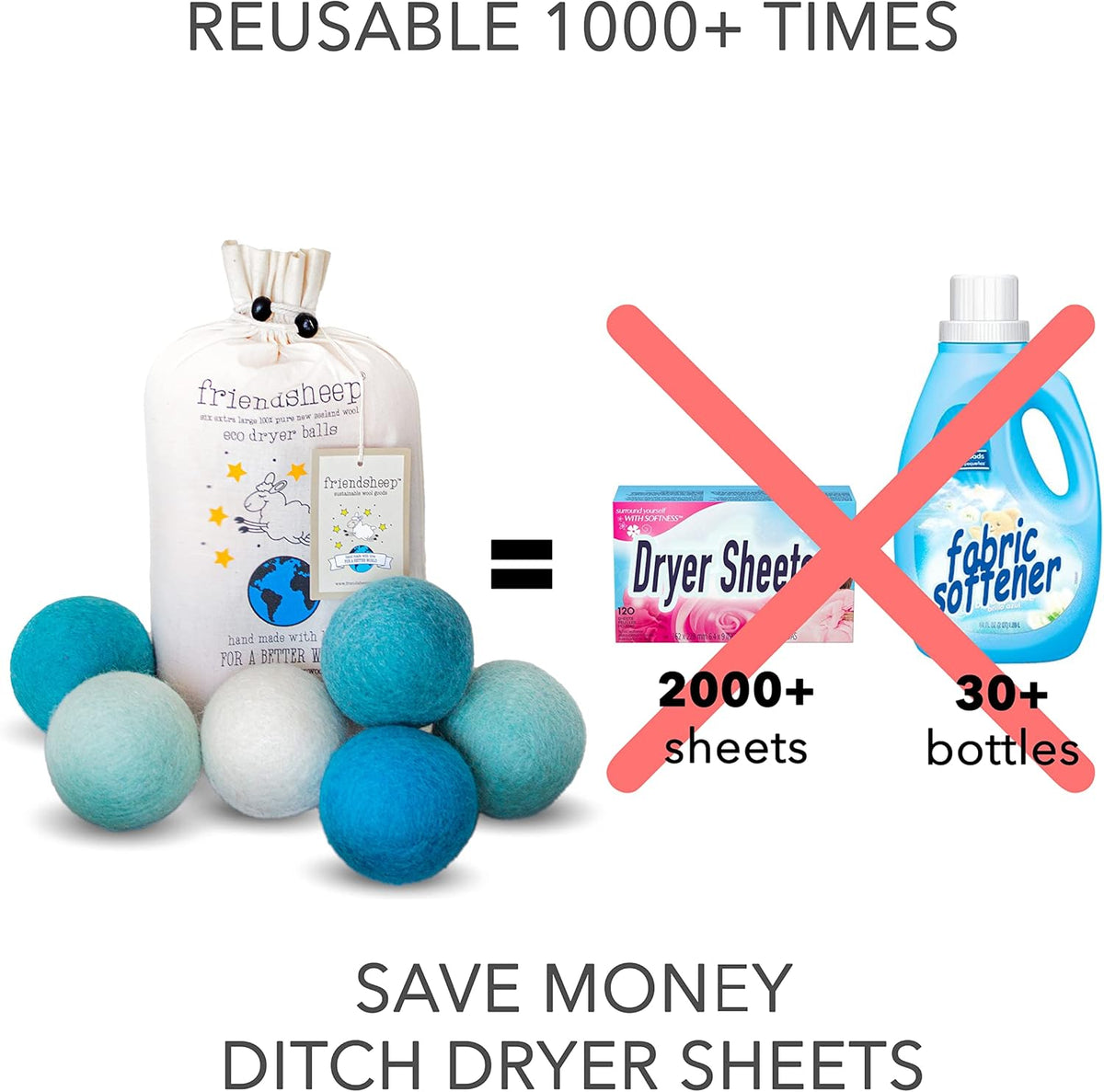 Friendsheep Wool Dryer Balls, Organic Reusable Fabric Softener Alternative for Laundry, Handmade