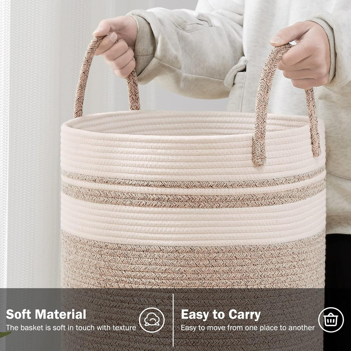 YOUDENOVA Woven Rope Laundry Hamper Basket, 72L Tall Luandry Basket, Baby Nursery Hamper for
