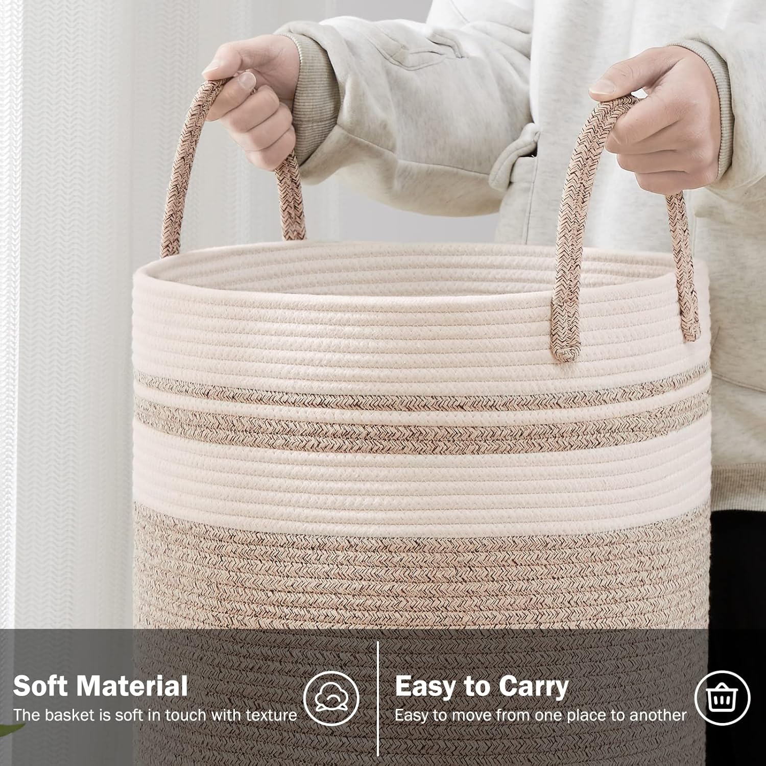 YOUDENOVA Woven Rope Laundry Hamper Basket, 72L Tall Luandry Basket, Baby Nursery Hamper for