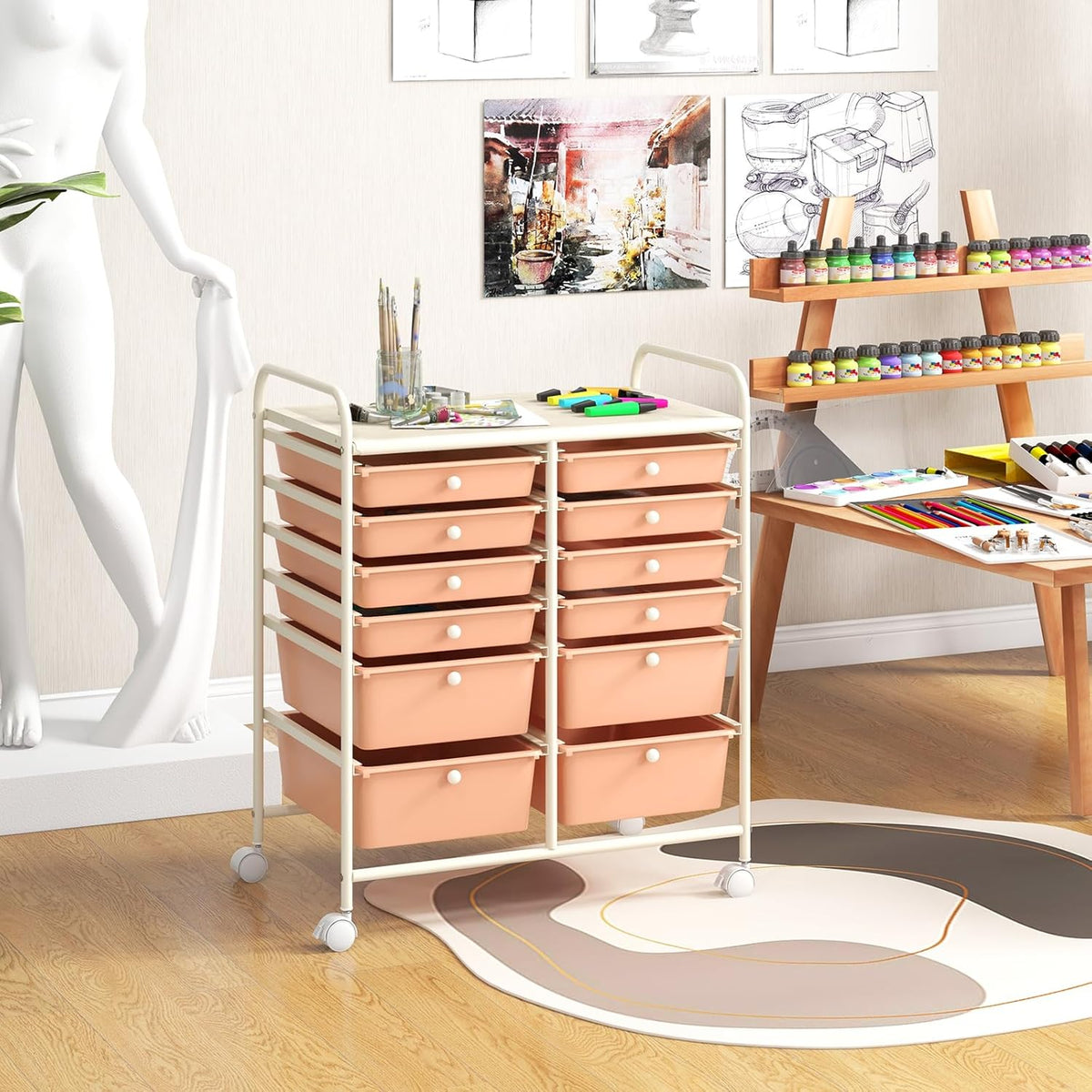 GOFLAME 12-Drawer Rolling Storage Cart, Multipurpose Organizer Cart with 2 Sizes Plastic Drawers