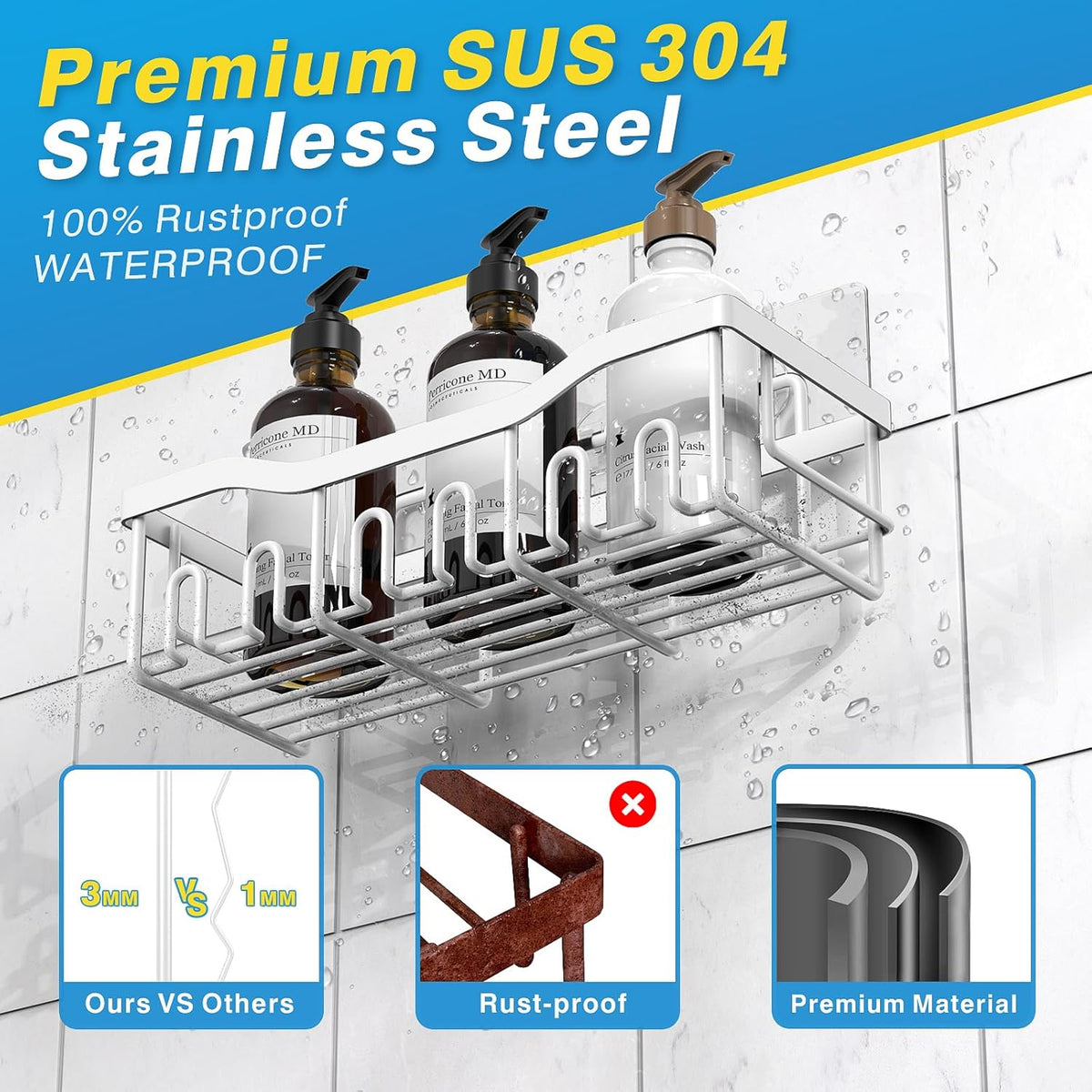 EUDELE 5-Pack Rustproof Stainless Steel Shower Caddy – No Drill Adhesive Bathroom Organizer with