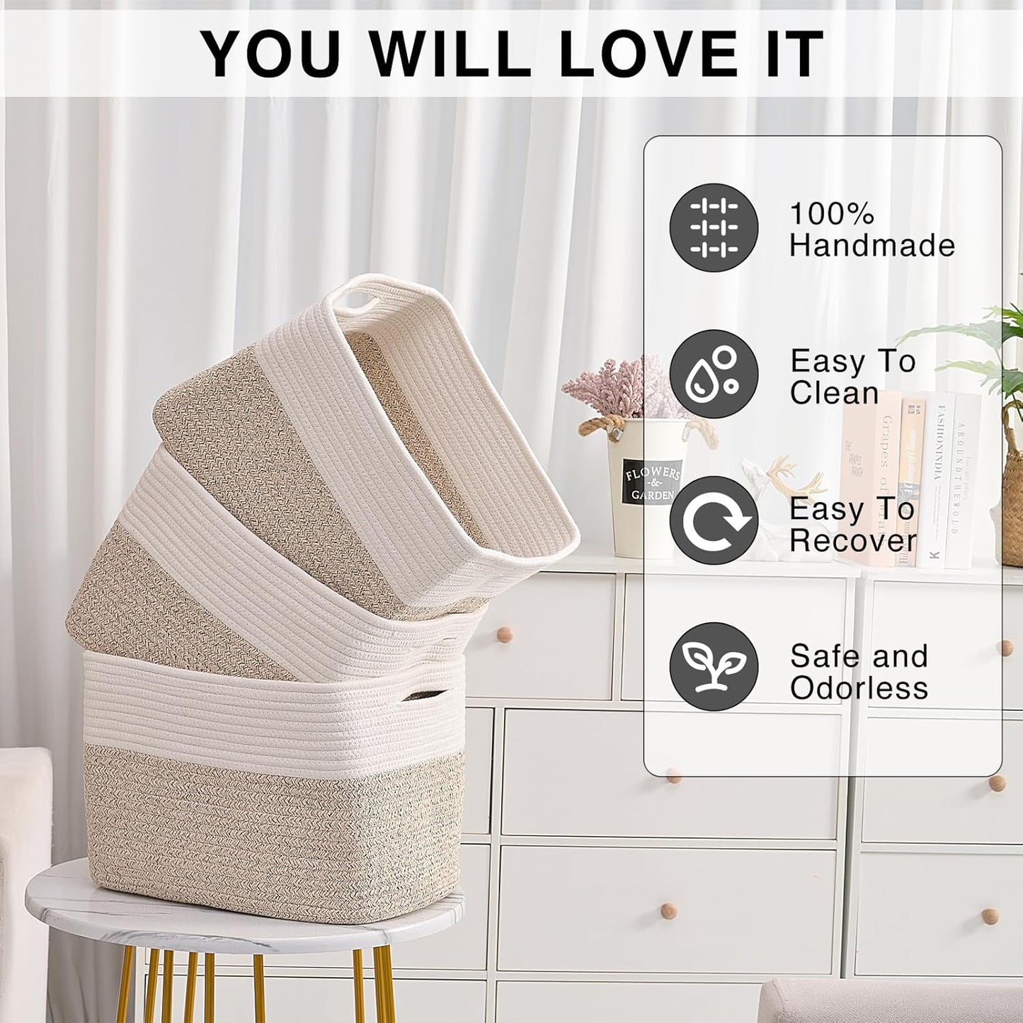 Storage Baskets for Organizing, Woven Cotton Rope Basket for Storage Books, Baby Organizing