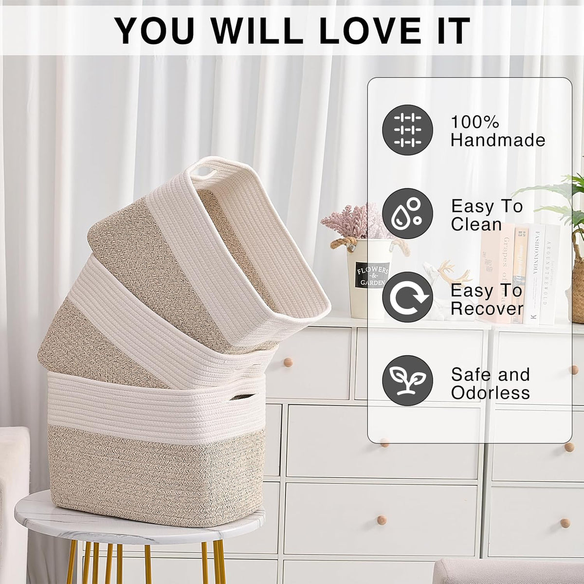 Storage Baskets for Organizing, Woven Cotton Rope Basket for Storage Books, Baby Organizing