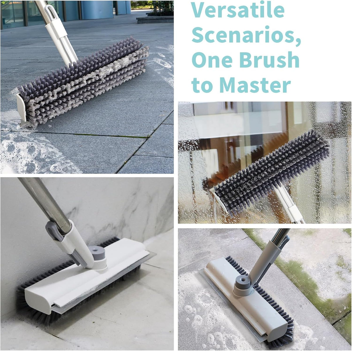 Floor Scrub Brush with Long Handle, 3 in 1 Scrape and Heavy-Duty Stiff Bristle Scrubber Brush for