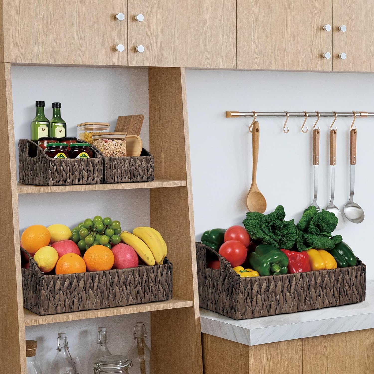 Ollieroo Natural Water Hyacinth Storage Baskets, Handwoven Wicker Storage Bins with Built-in
