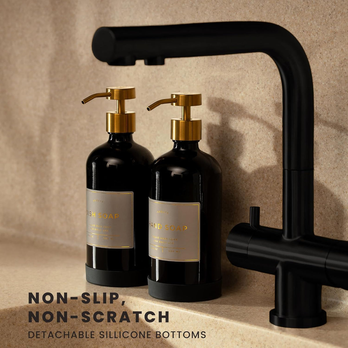 16oz Glass Soap Dispenser with Stainless Steel Pump, 21 Waterproof Labels, Non-Slip Protective