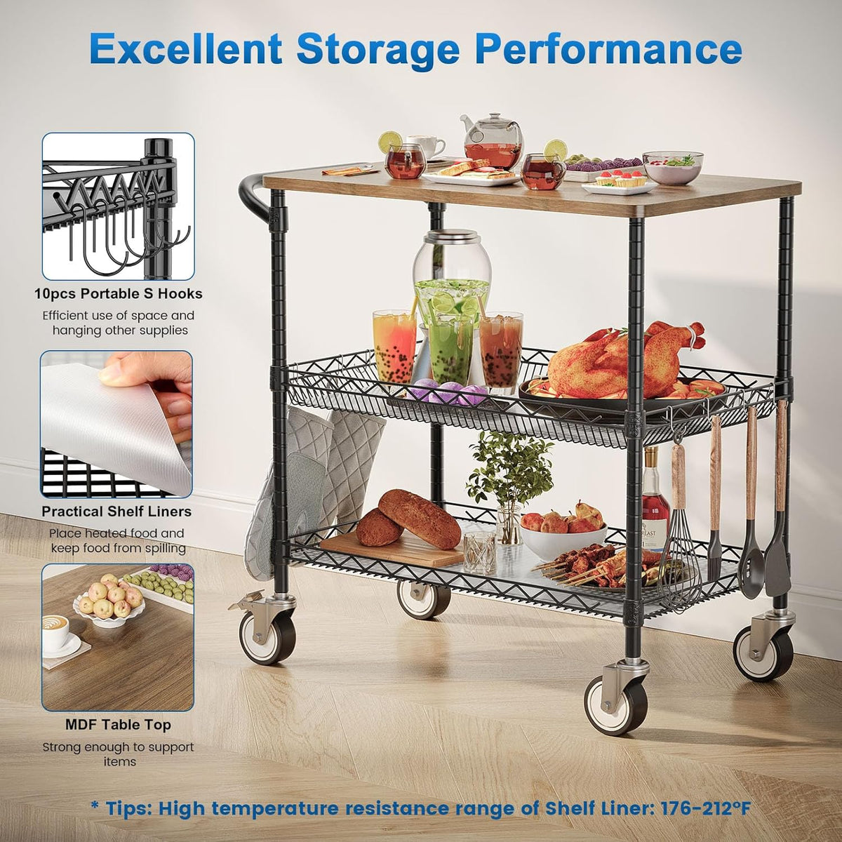Leteuke Rolling Kitchen Carts with Wheels, 34" L x 17.5" W, 3-Tier Heavy Duty Utility Cart with