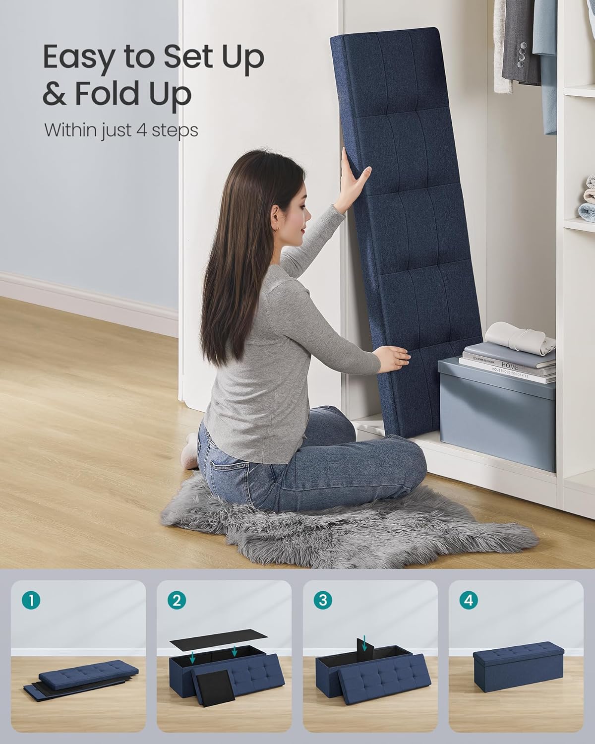 SONGMICS MAZIE Collection - 43 Inches Folding Storage Ottoman Bench, Ottoman Foot Rest, End of Bed