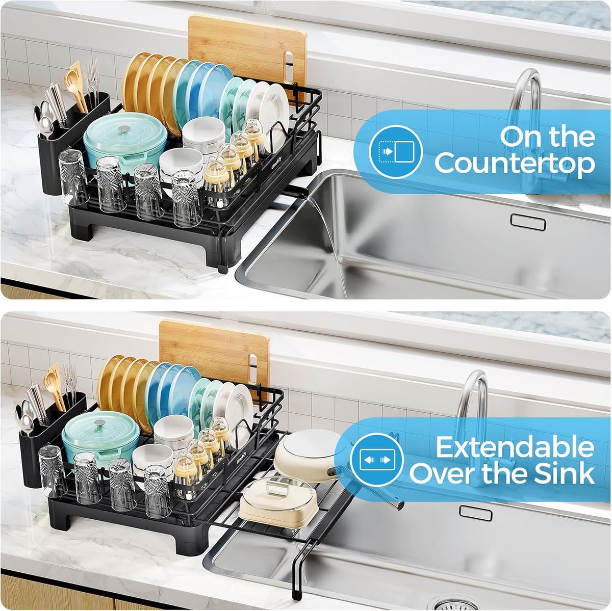 Extendable Dish Drying Rack, 2 in 1 Multifunction Dish Rack for Kitchen Counter, Expandable Dish