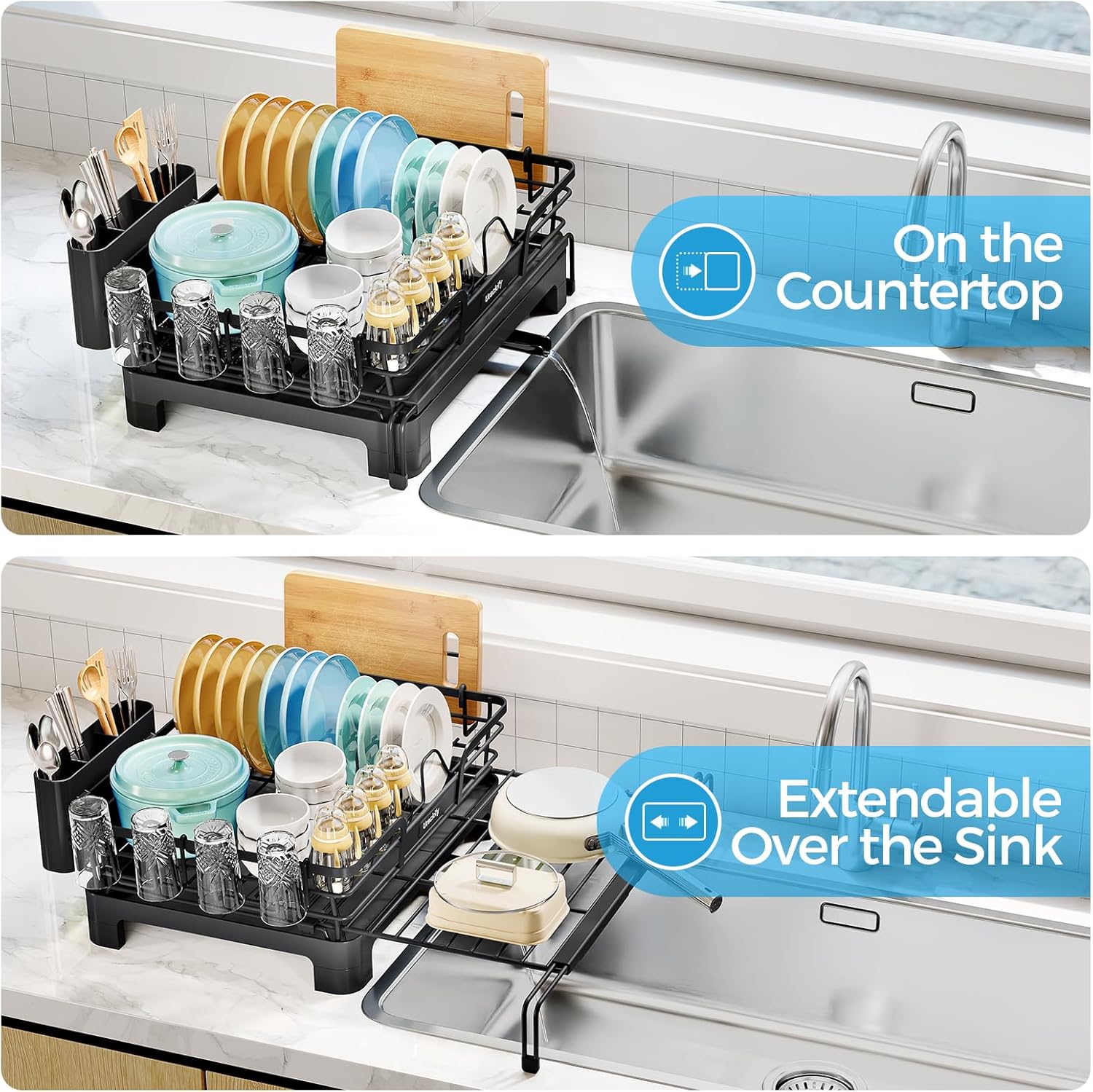 Extendable Dish Drying Rack, 2 in 1 Multifunction Dish Rack for Kitchen Counter, Expandable Dish
