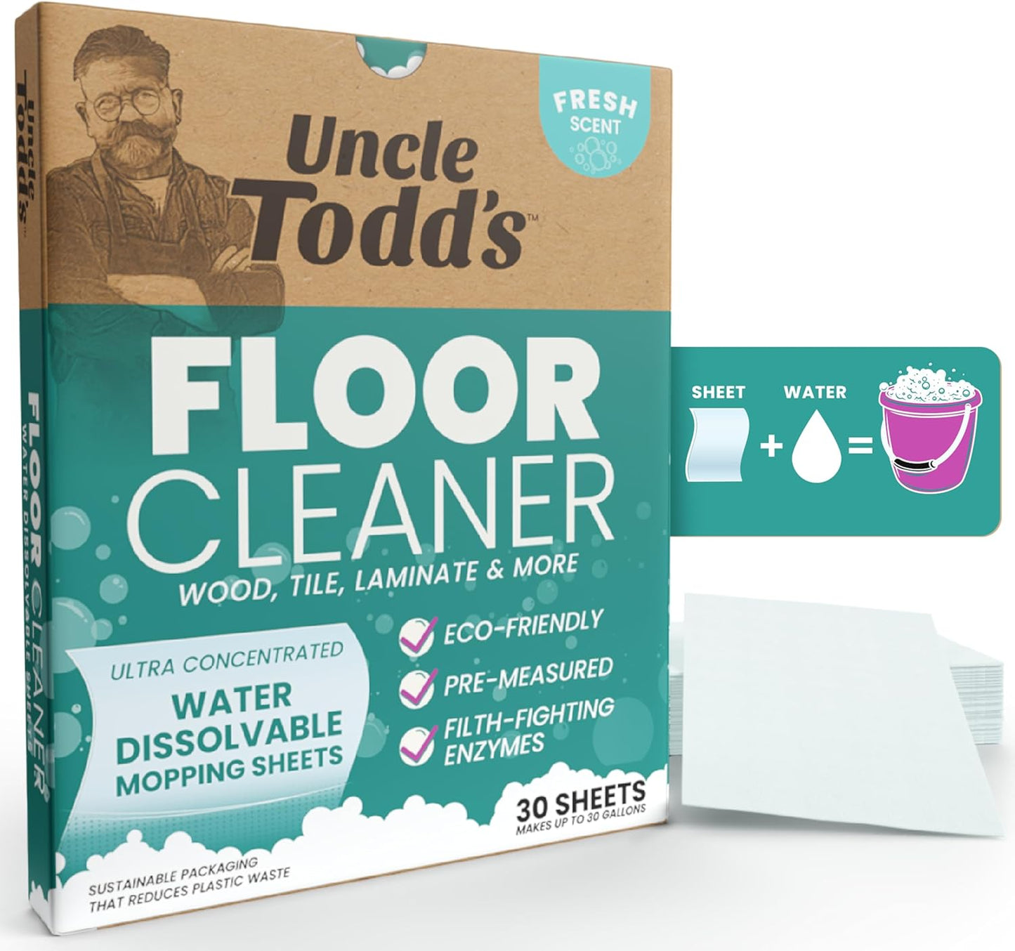 Uncle Todd's Ultra Concentrated Floor Cleaner For Mopping: 30 Natural, 100% Dissolvable Sheets for