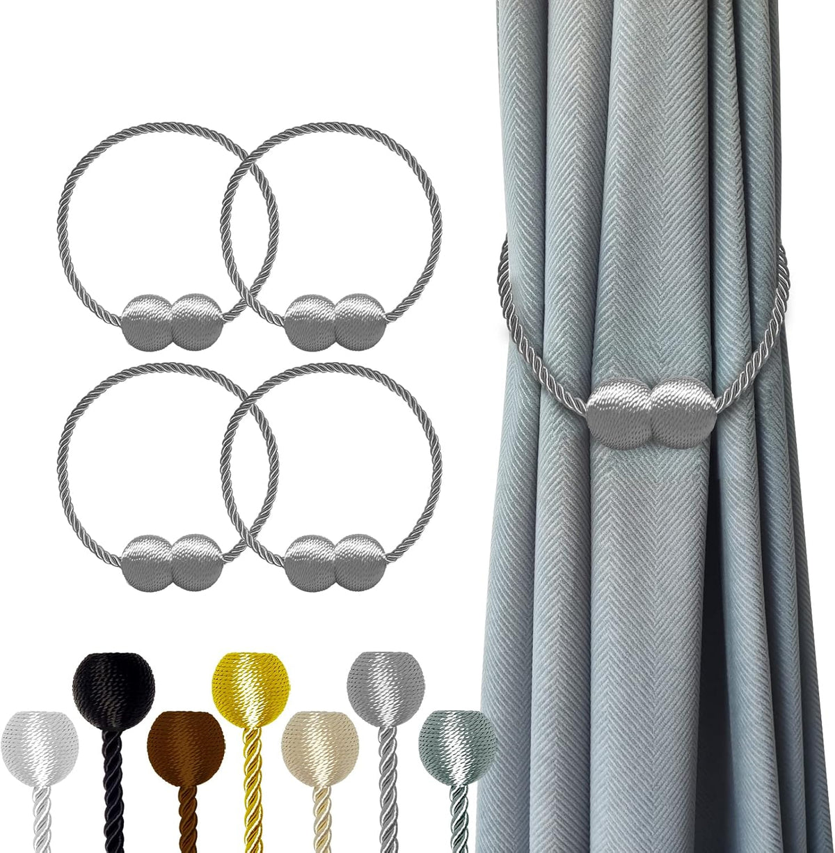 Hion Magnetic Curtain Tiebacks Grey 4 Pack, Curtain Tiebacks Buckles Holdbacks Holders Hooks Clip