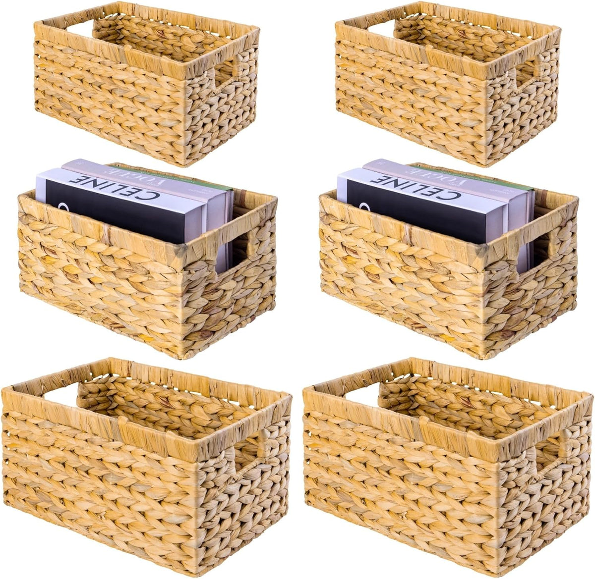 Set of 6 Wicker Storage Basket, Water Hyacinth Storage Baskets, Wicker Storage Baskets for Shelves