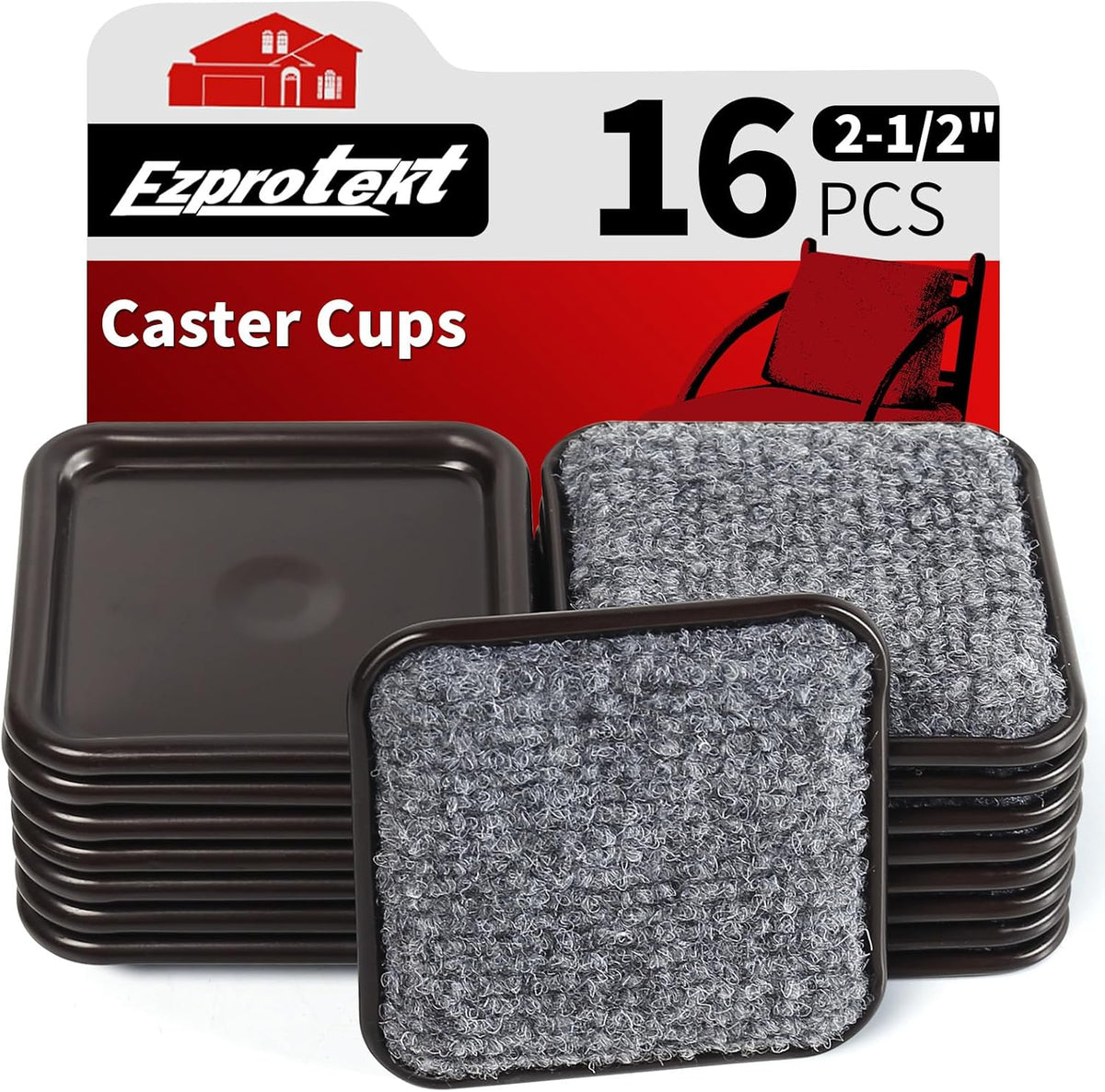 Ezprotekt 2 1/2" Square Reusable Felt Furniture Caster Cups with Carpet Bottom, 16 Pcs Felt