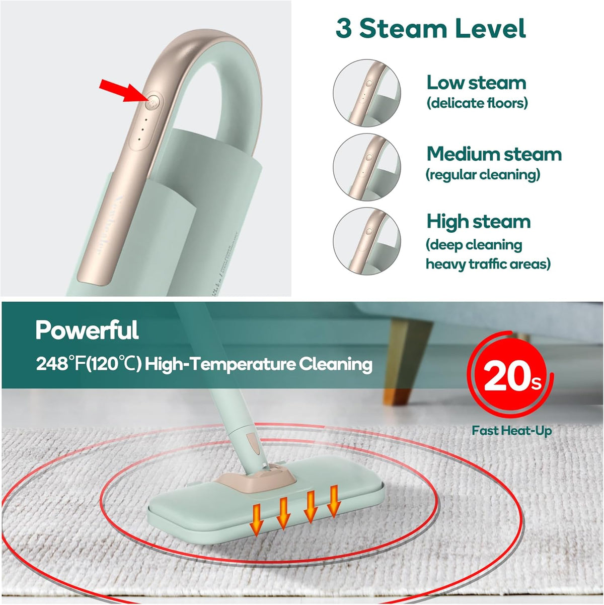 Newbealer Steam Mop & Detachable Handheld Cleaner, 250ml 1200W Powerful Floor Steamer, 3 Adjustable