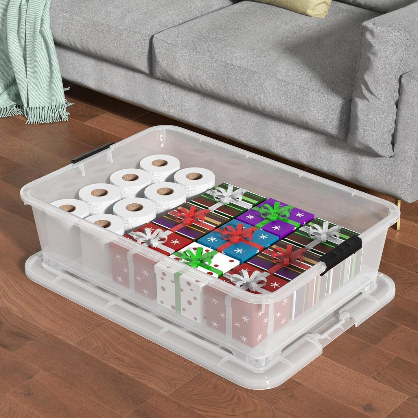 50 Quart Large Clear Plastic Under Bed Storage Bins with Wheels, 3-Pack Stackable Storage Bin with