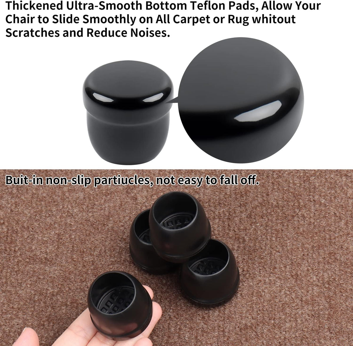 Ezprotekt 24 Pcs Black Chair Leg Sliders for Carpet, Round Teflon Furniture Glides for Rug, Carpet