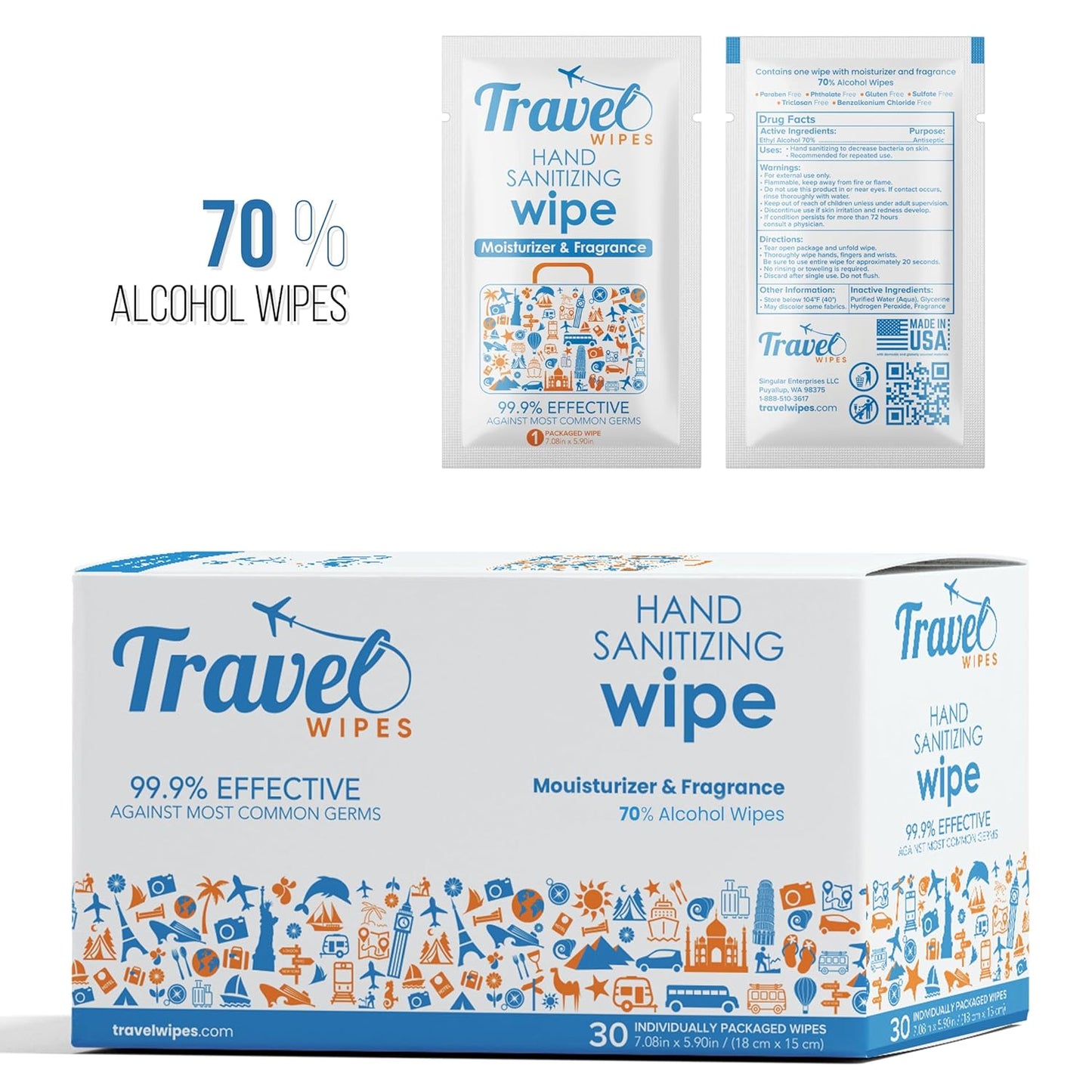 Hand Sanitizing Travel Wipes – 30ct Individually Wrapped | Fresh Citrus Scent, Moisturizing, 70%