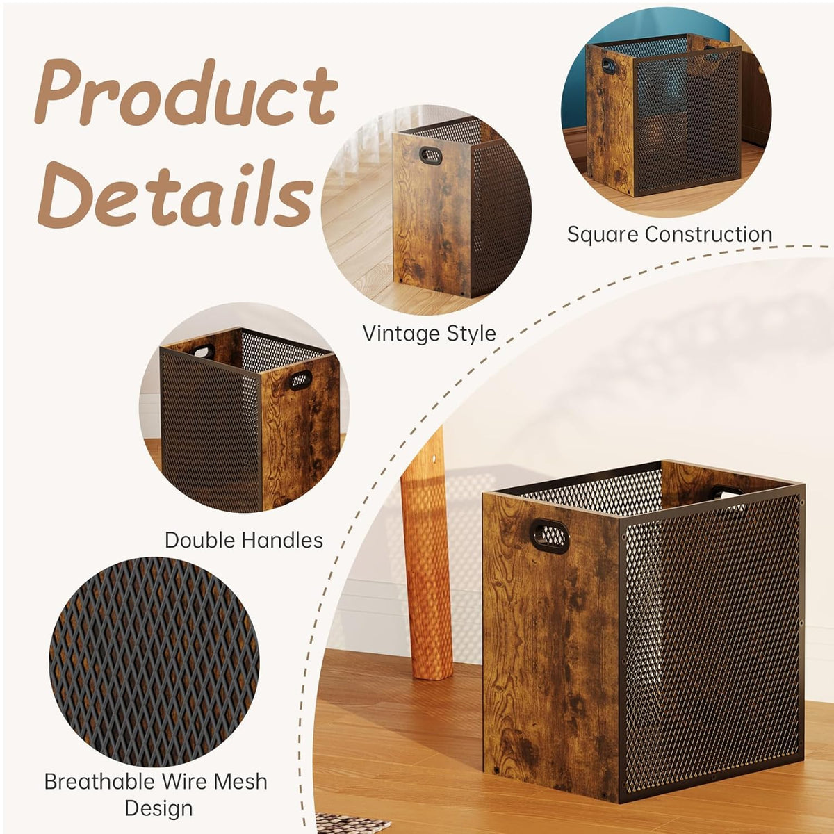 Retro Office Trash Can, Iron and Wood Combination Bedroom Garbage Can, Rectangular Design