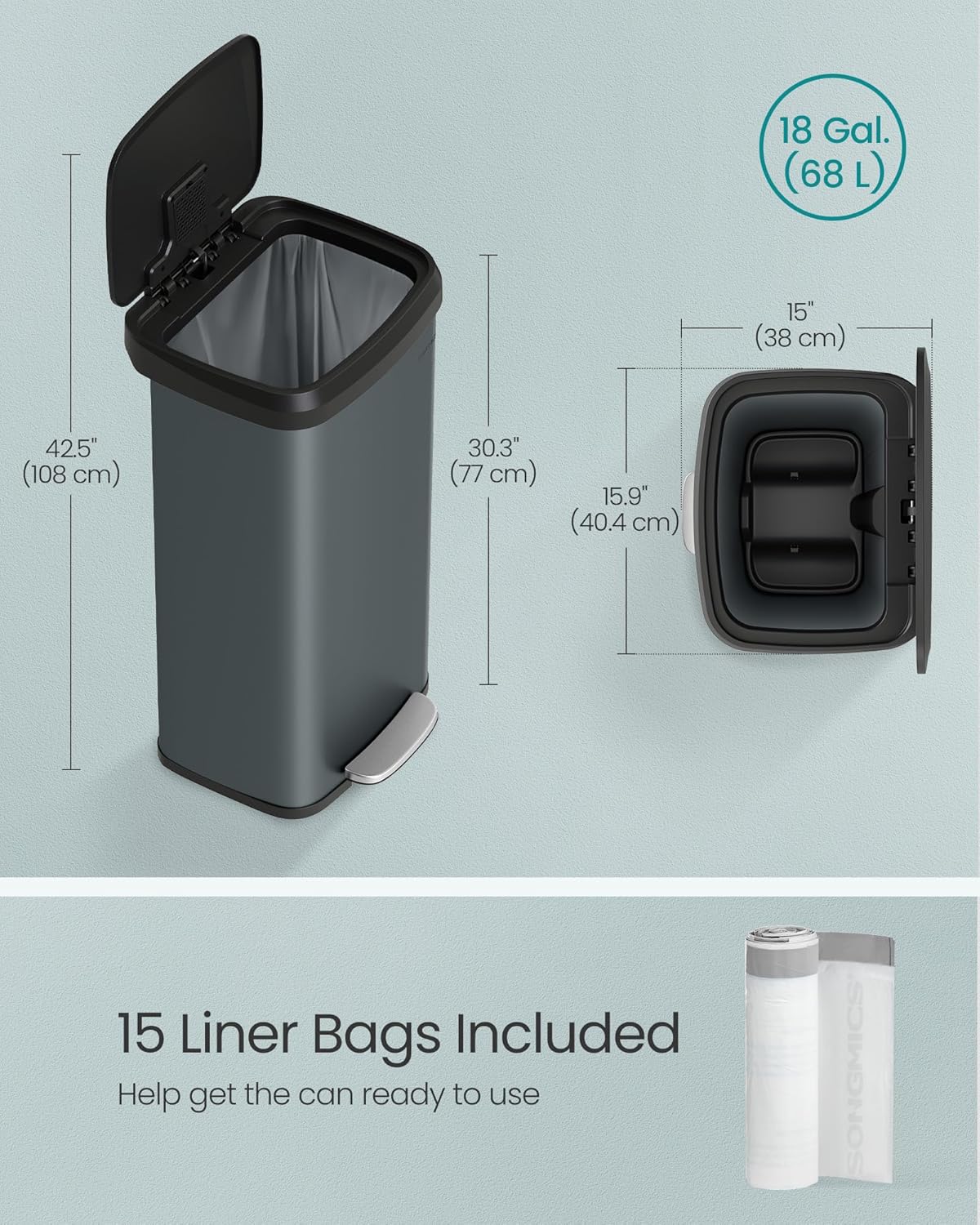 SONGMICS Kitchen Trash Can, 18-Gallon Stainless Steel Garbage Can, with Stay-Open Lid and Step-on