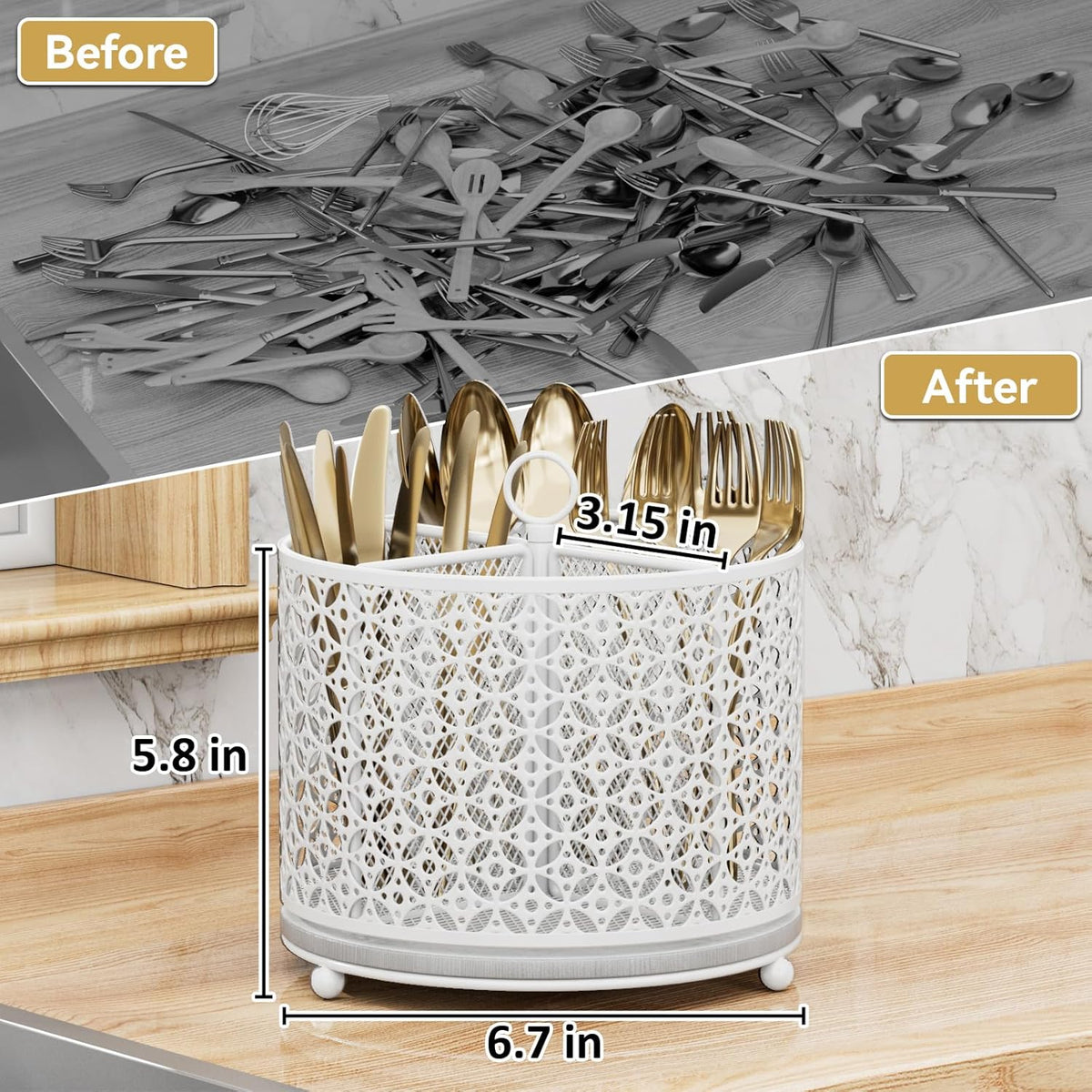 360° Rotating Kitchen Utensil Holder - Fast-Drying Utensils Caddy - 4 Compartment Flatware