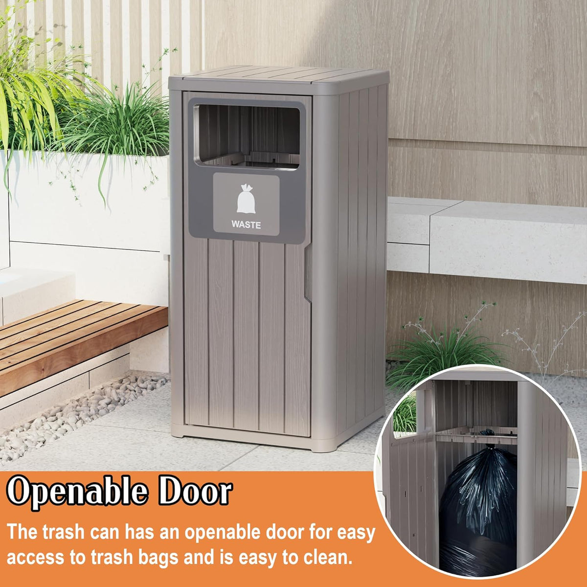 Outdoor Single Barrel Trash Can,Waterproof Resin Garbage Can with Garbage Labels,Durable Waste Bin