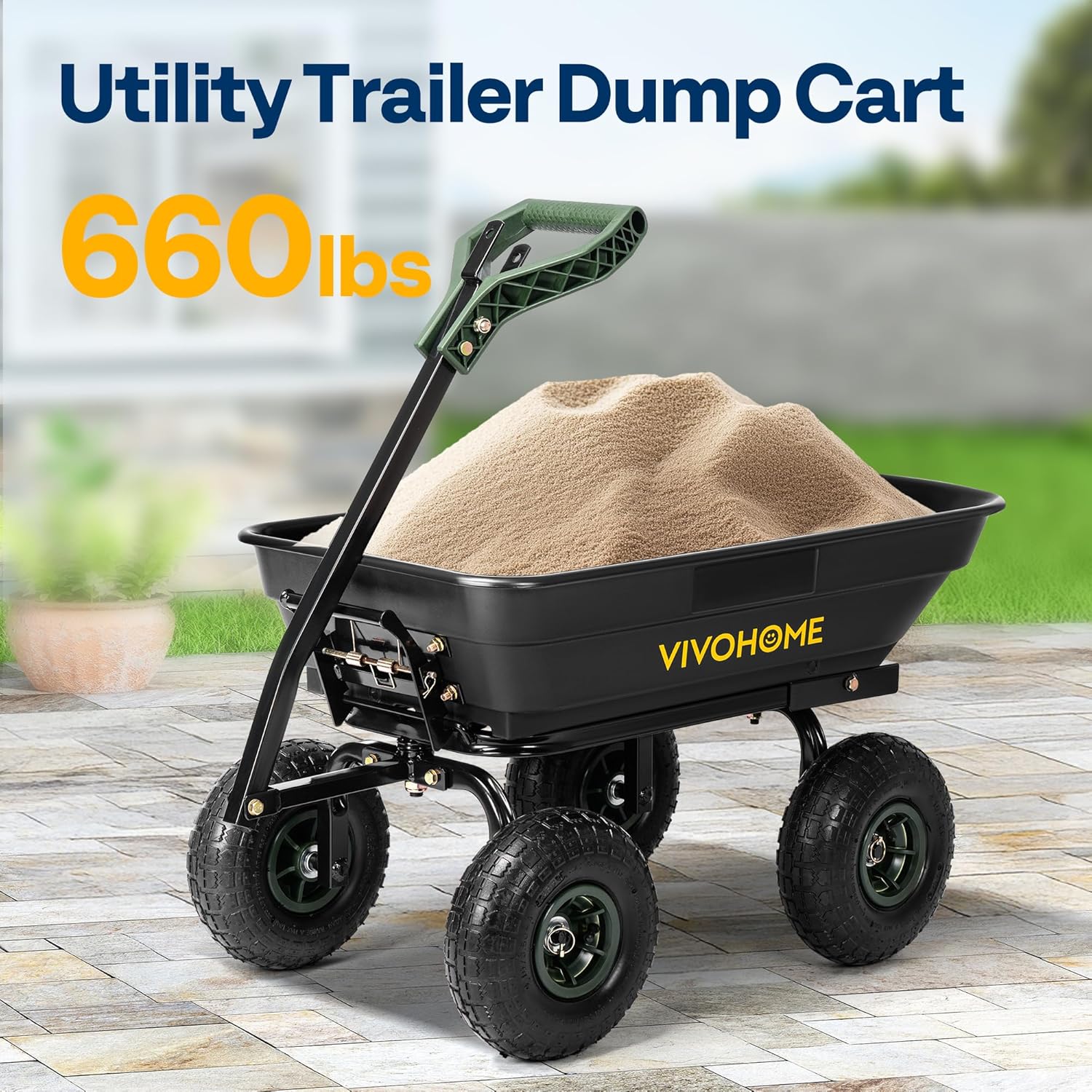 VIVOHOME 4 Cu.Ft 660lbs Wheelbarrow Garden Cart Dump Wagon with 2-in-1 Convertible Handle Attach to