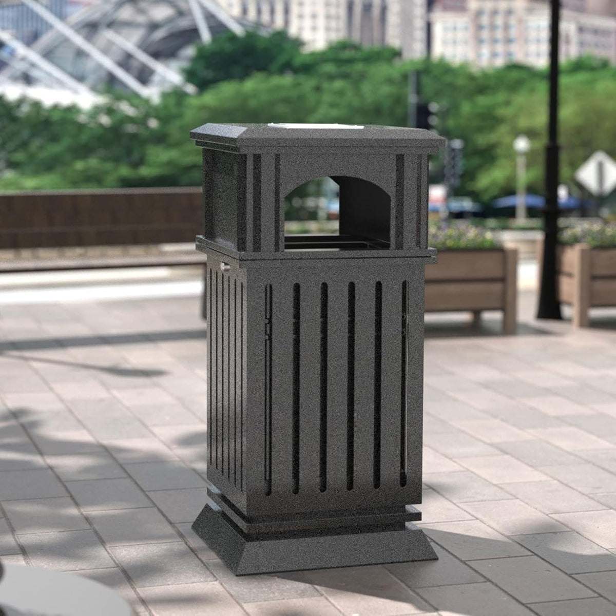 BEAMNOVA Trash Can Outdoor Top Tray Matte Black Stainless Steel Commercial Garbage Enclosure with