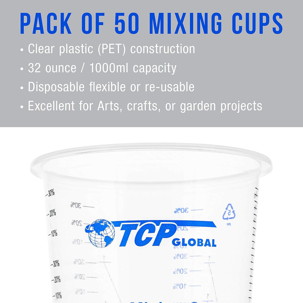 TCP Global 32 oz. (1000ml) Graduated Plastic Mixing Cups (Box of 50) - Disposable Plastic Measuring