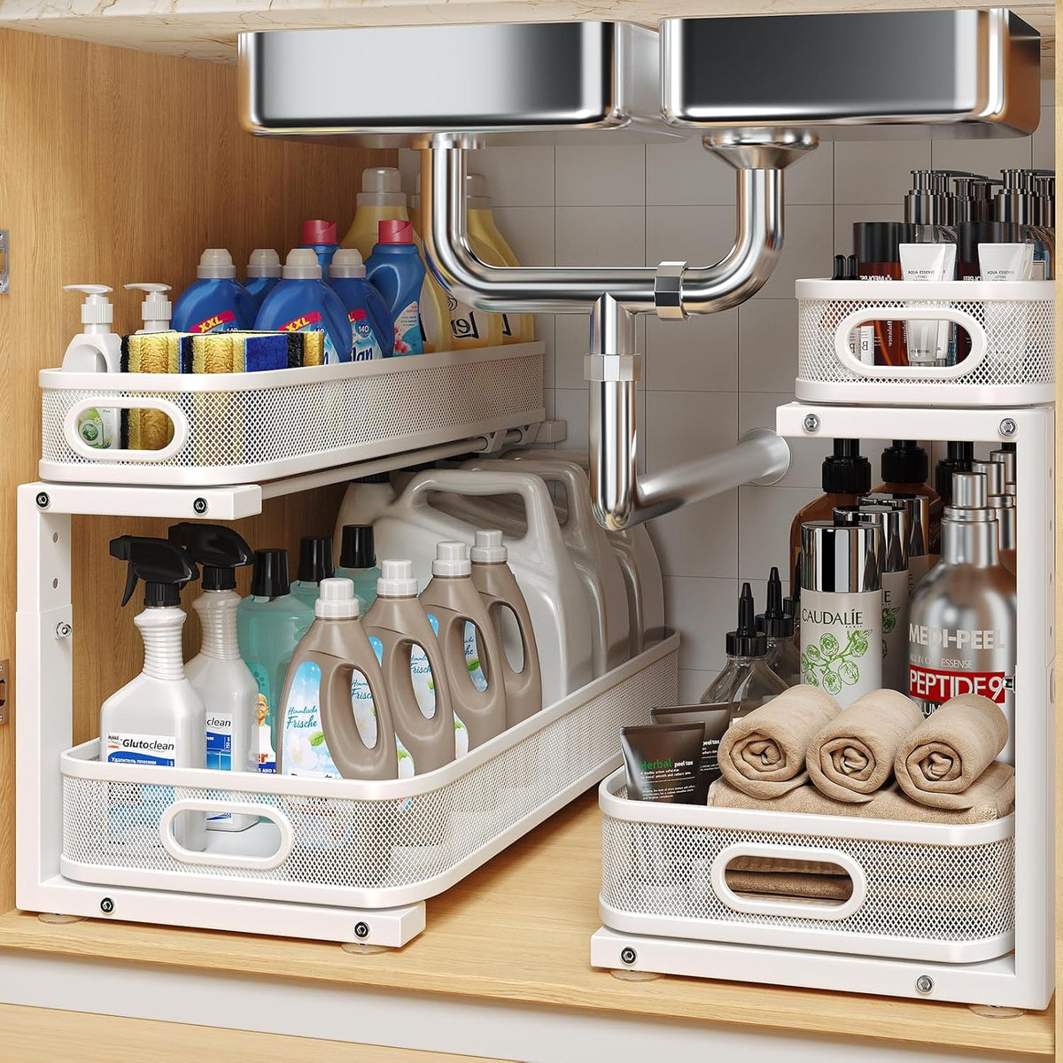 2 Pack 21.3IN-Depth Under Sink Organizer with Smooth Cylindrical Rail,2-Tier Pull Out Multi-Purpose