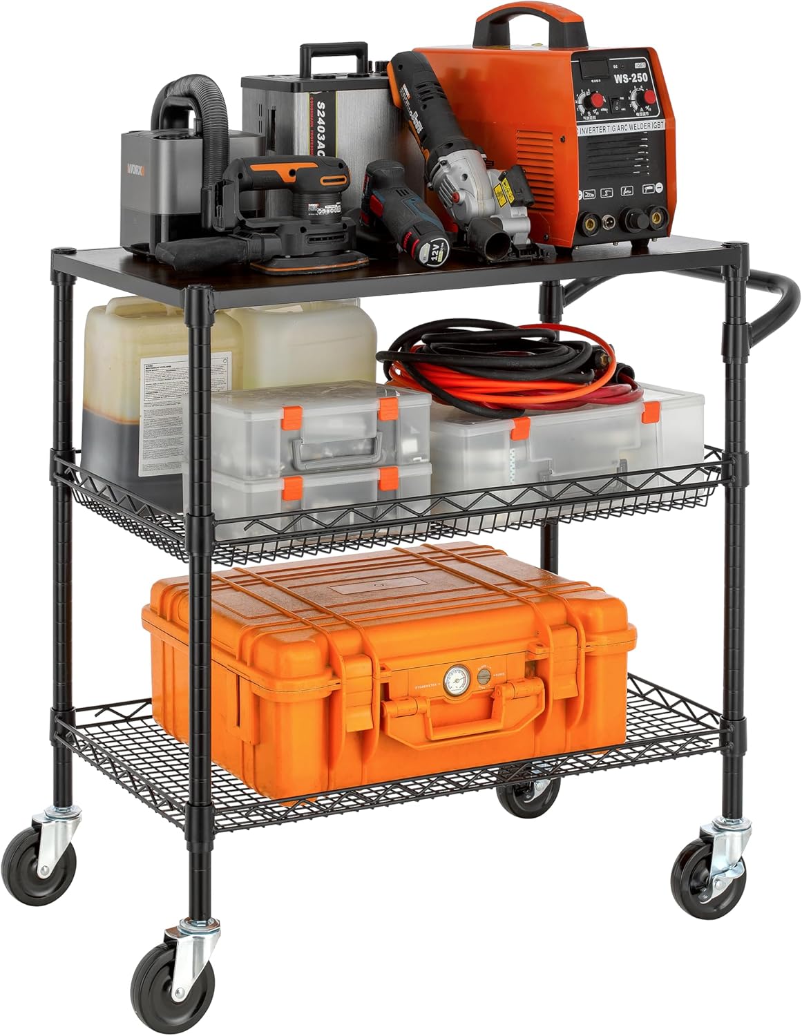 Finnhomy 3 Tier Heavy Duty Commercial Grade Utility Cart with Wood Top, Wire Rolling Cart with