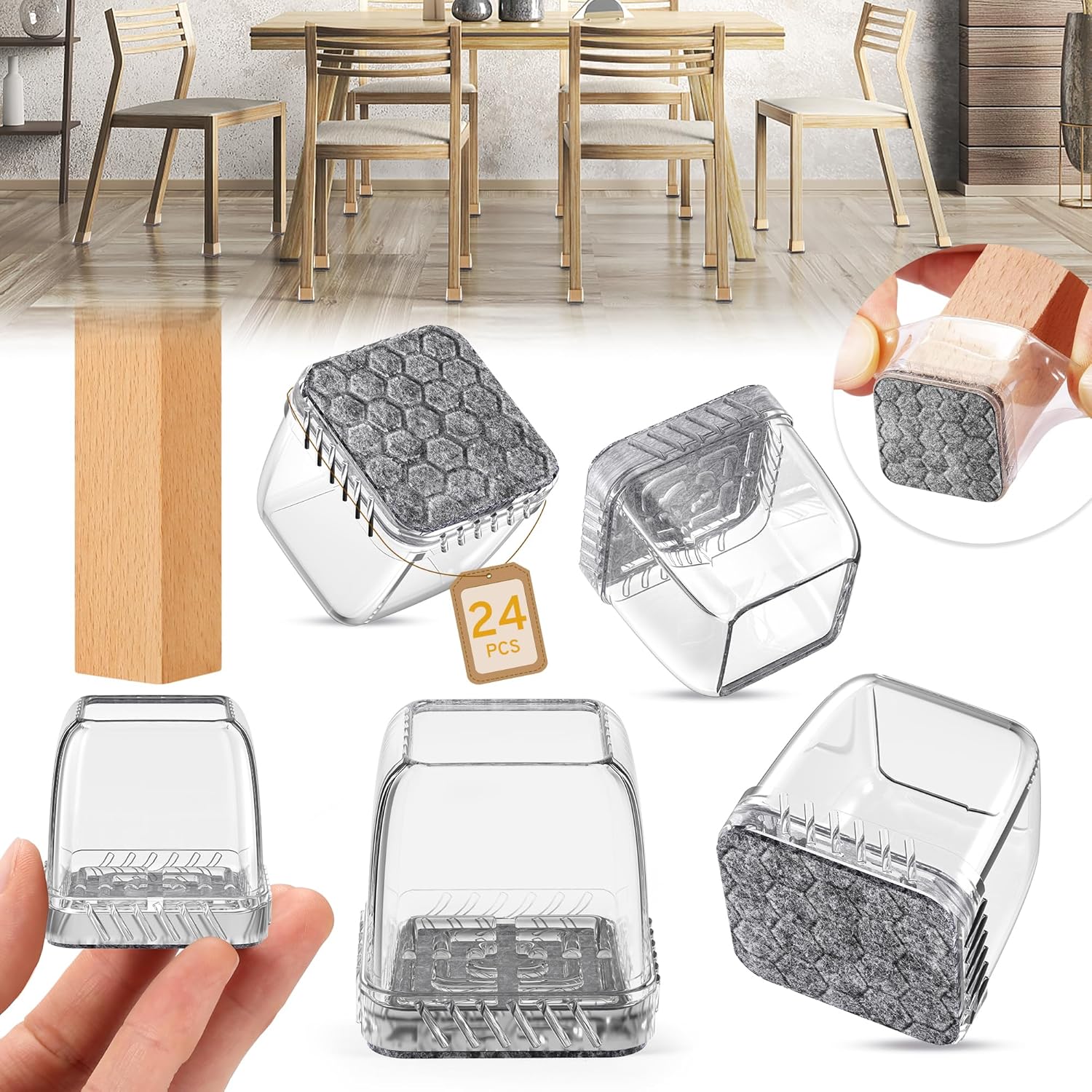 24PCS Square Chair Leg Floor Protectors, Furniture Sliders, Chair Leg Protectors for Hardwood