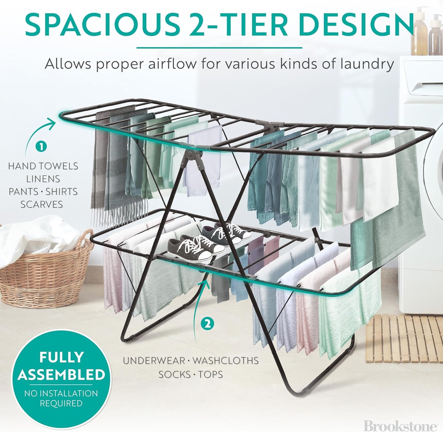 Brookstone 2 Tier Folding Rack – Indoor/Outdoor Collapsible Clothes Dryer Stand Laundry or Shoe
