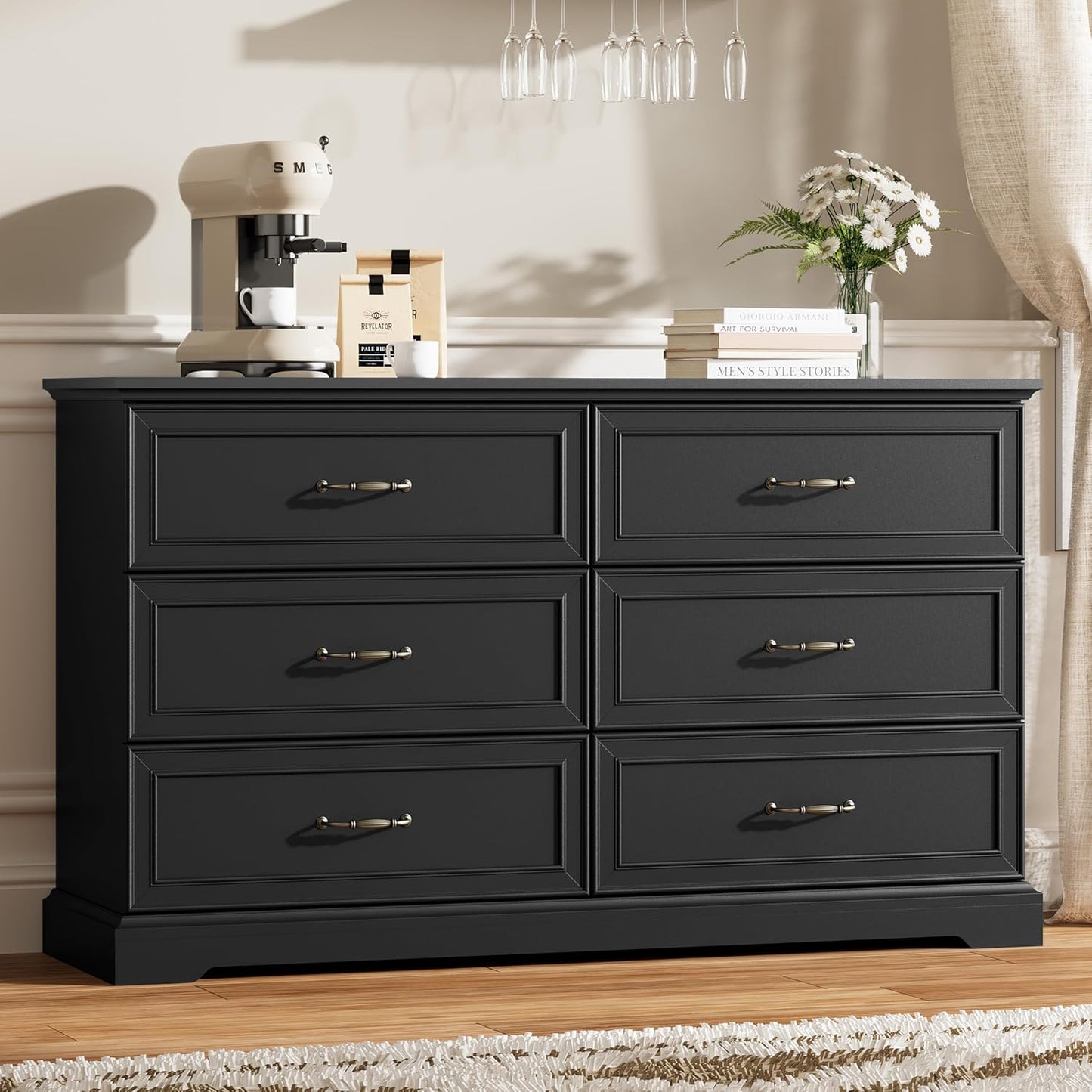 6 Drawer Dresser for Bedroom, 53" Wide Wooden Chest of Drawers, Rustic Farmhouse Dresser with Large