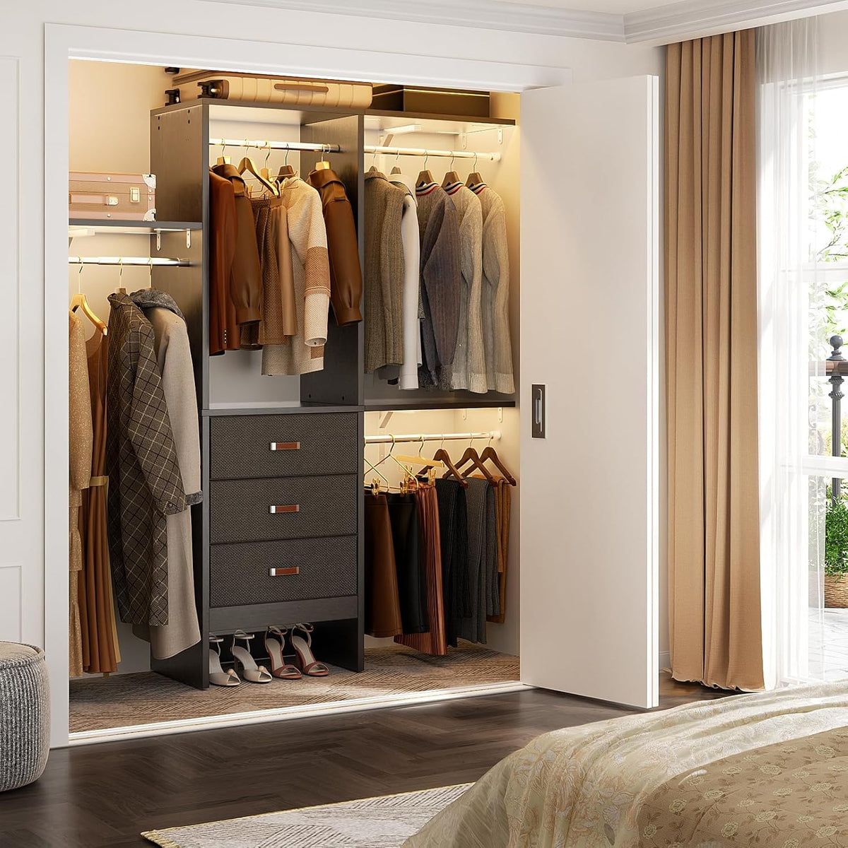Armocity 5FT Small Closet System with 3 Fabric Drawers, 60 Inches Walk In Closet Organizer System