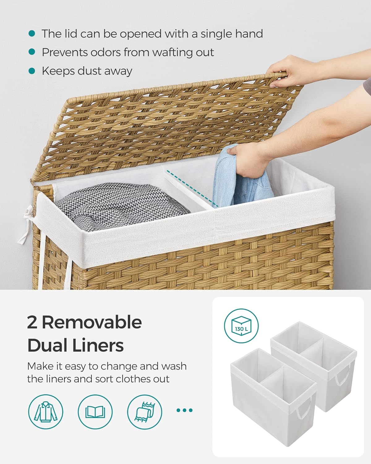 SONGMICS Laundry Hamper with Lid, 130L Clothes Hamper with 2 Removable Liner Bags, 6 Mesh Bags