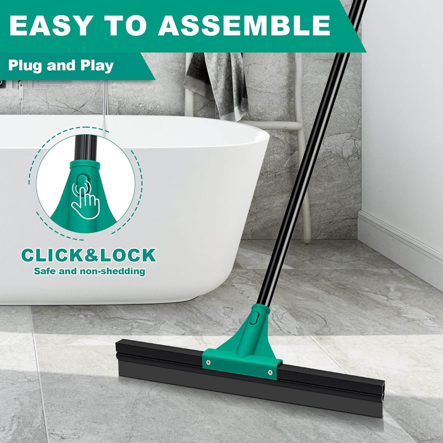 JEHONN Floor Squeegee Heavy Duty with 58.3 inches Long Handle, Rubber Scraper Broom for Cleaning