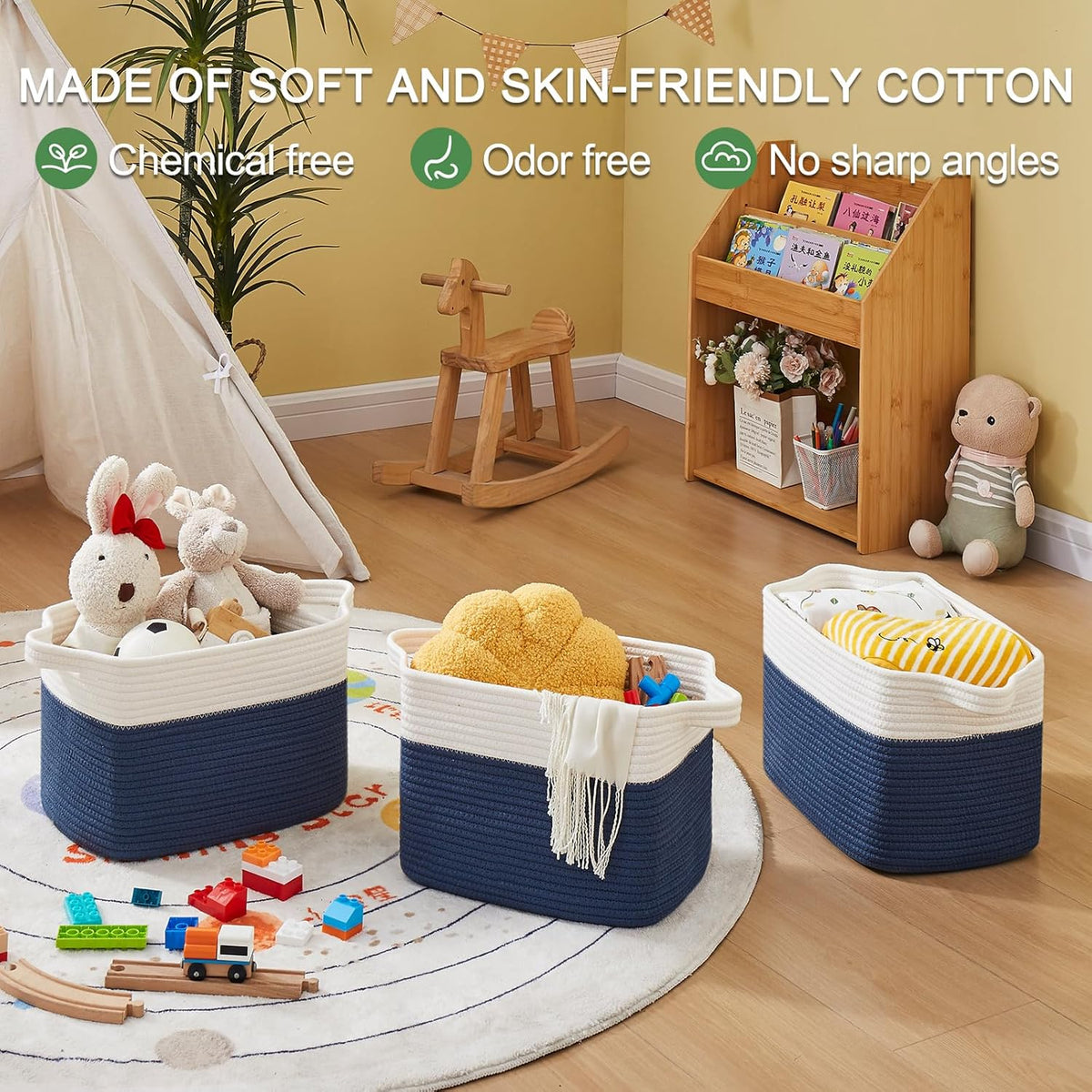 OIAHOMY Storage Baskets - Woven Cotton Rope Baskets for Shelves, Toy Towel Organizer Bins, Pack of